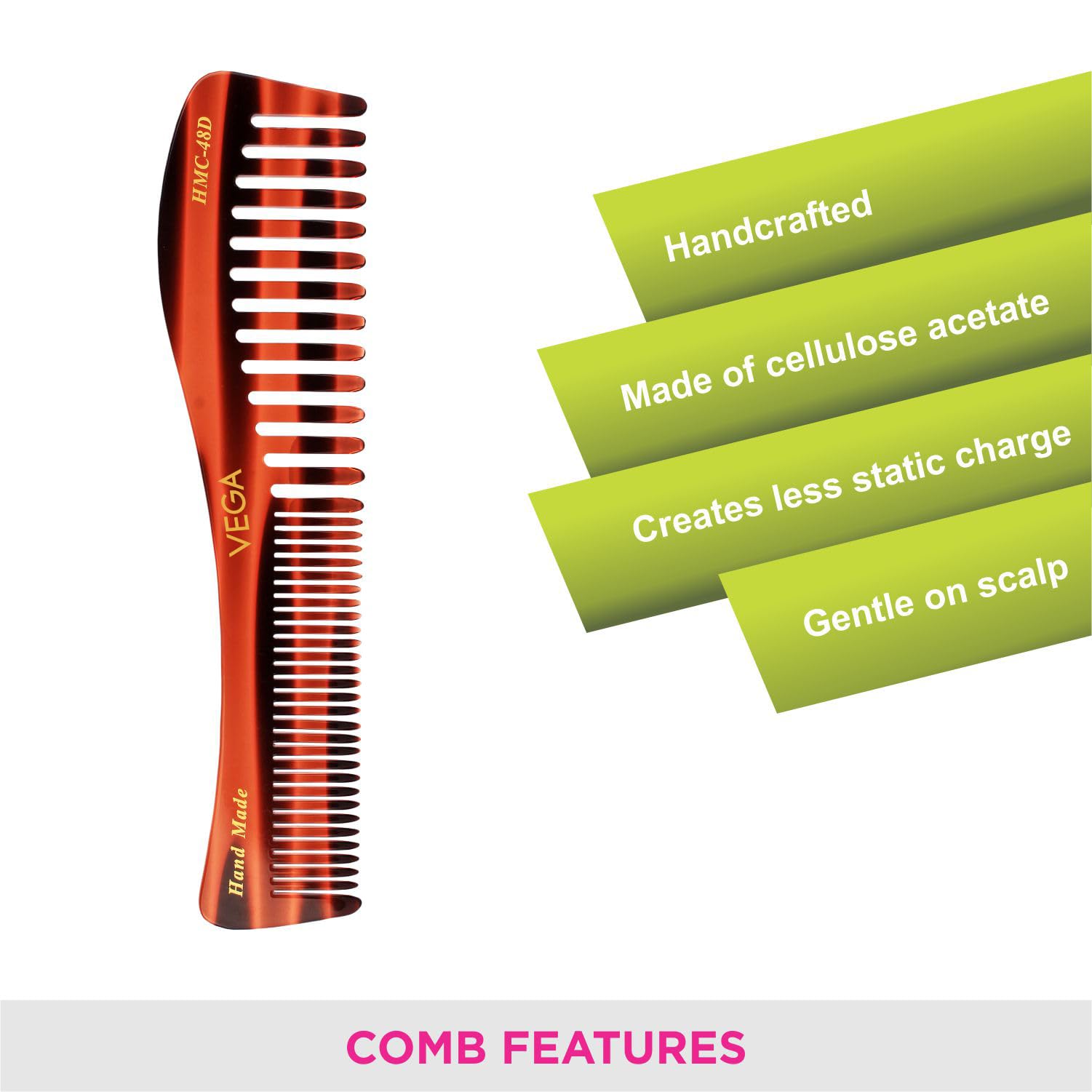 Vega Tortoise Shell Wide Tooth Shampoo Comb for Men & Women - Handmade Detangling Hair Brush for Wet/Dry Hair - India's No.1 Hair Comb Brand (HMC-48D) - Perfect for Shower, Salon & Home Hair Care