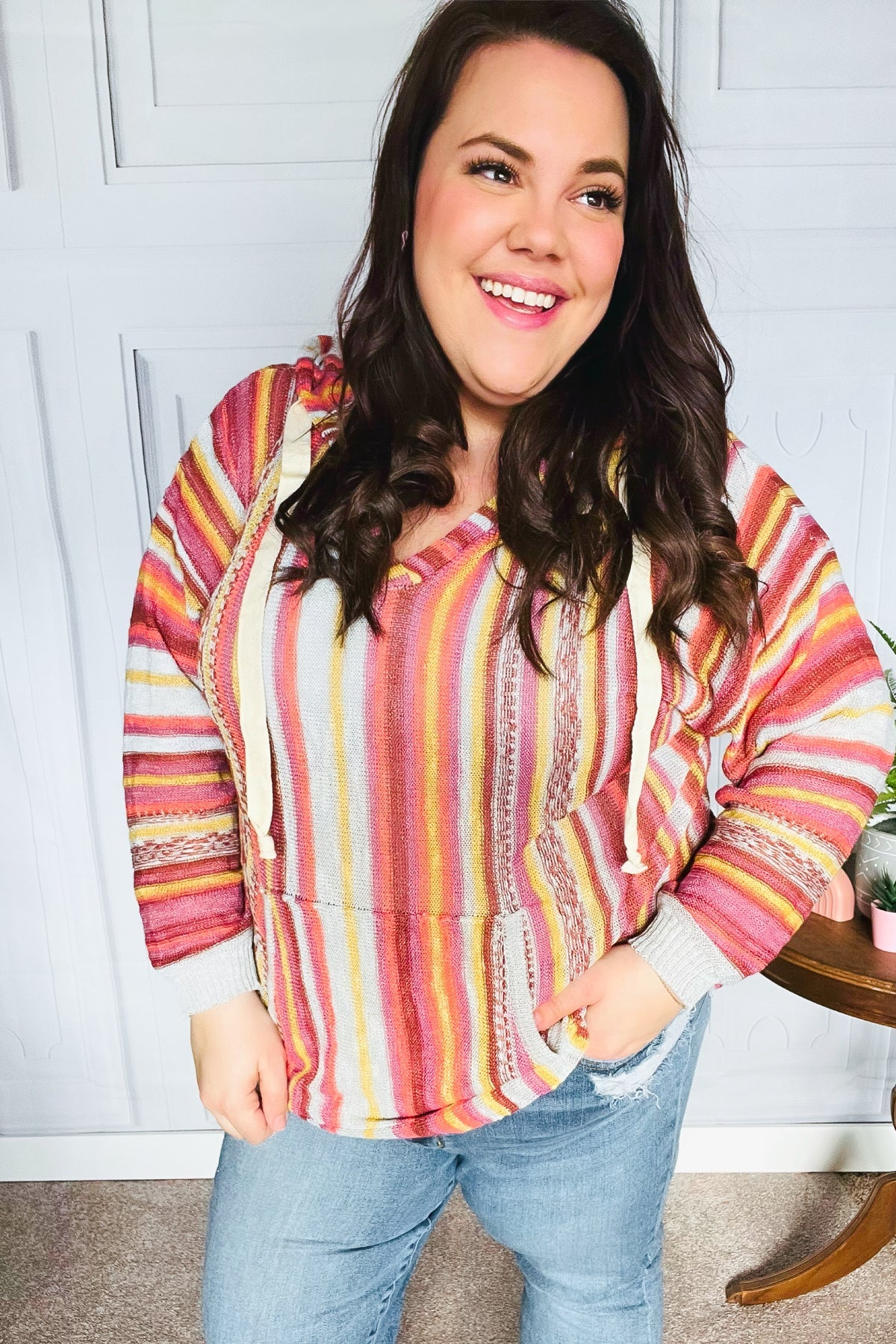 Be Bold Coral & Sienna Stripe Pullover Hoodie with Notched Neck | Women's Casual Sweatshirt for Fall Fashion, Streetwear & Cozy Loungewear