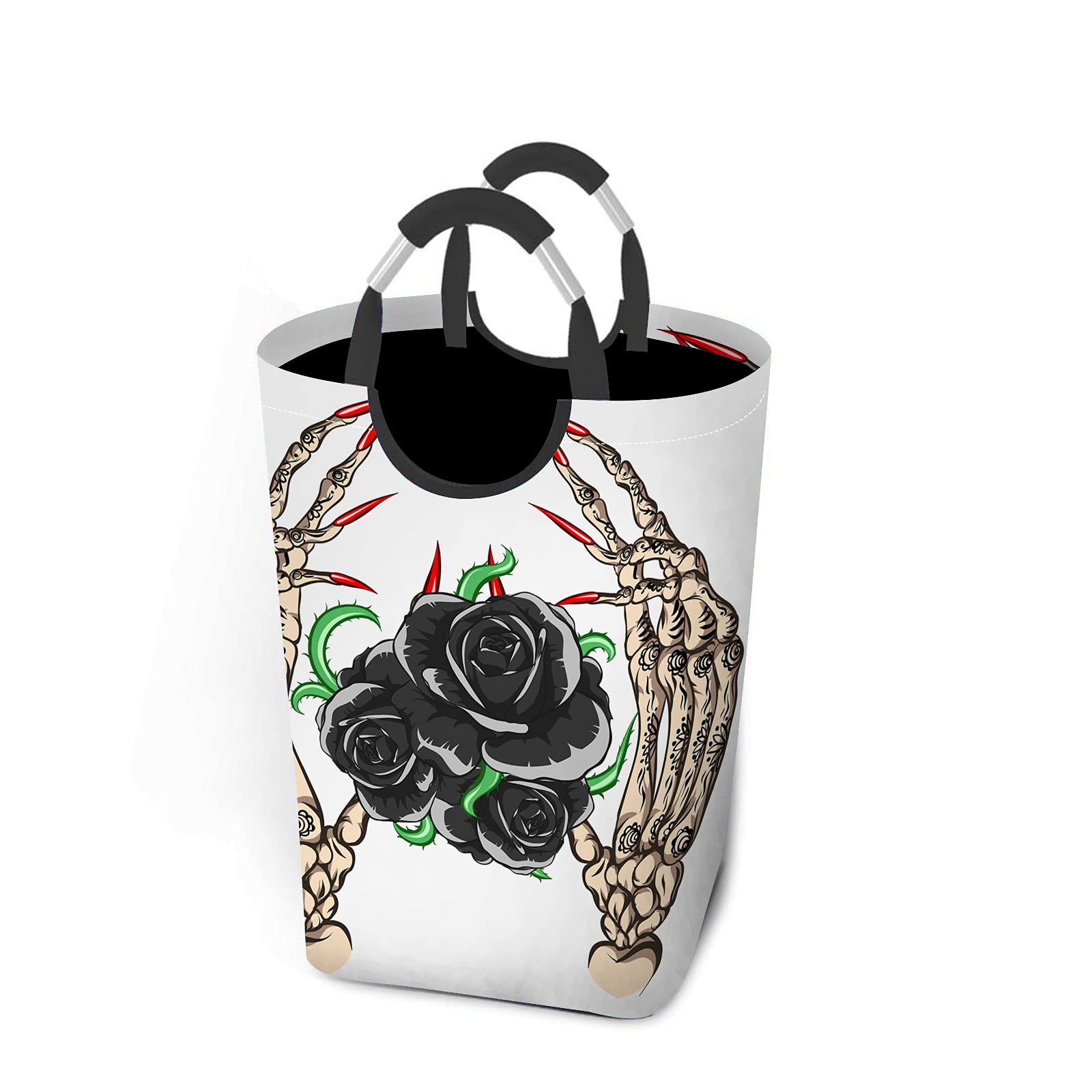 Beabes Gothic Skeleton Hand Laundry Hamper with Black Floral Design - Foldable Washing Bin with Aluminum Handle for Bathroom, Dorm & Closet Storage - Perfect for Halloween Decor, Gothic Home & Dark Aesthetic Bedroom