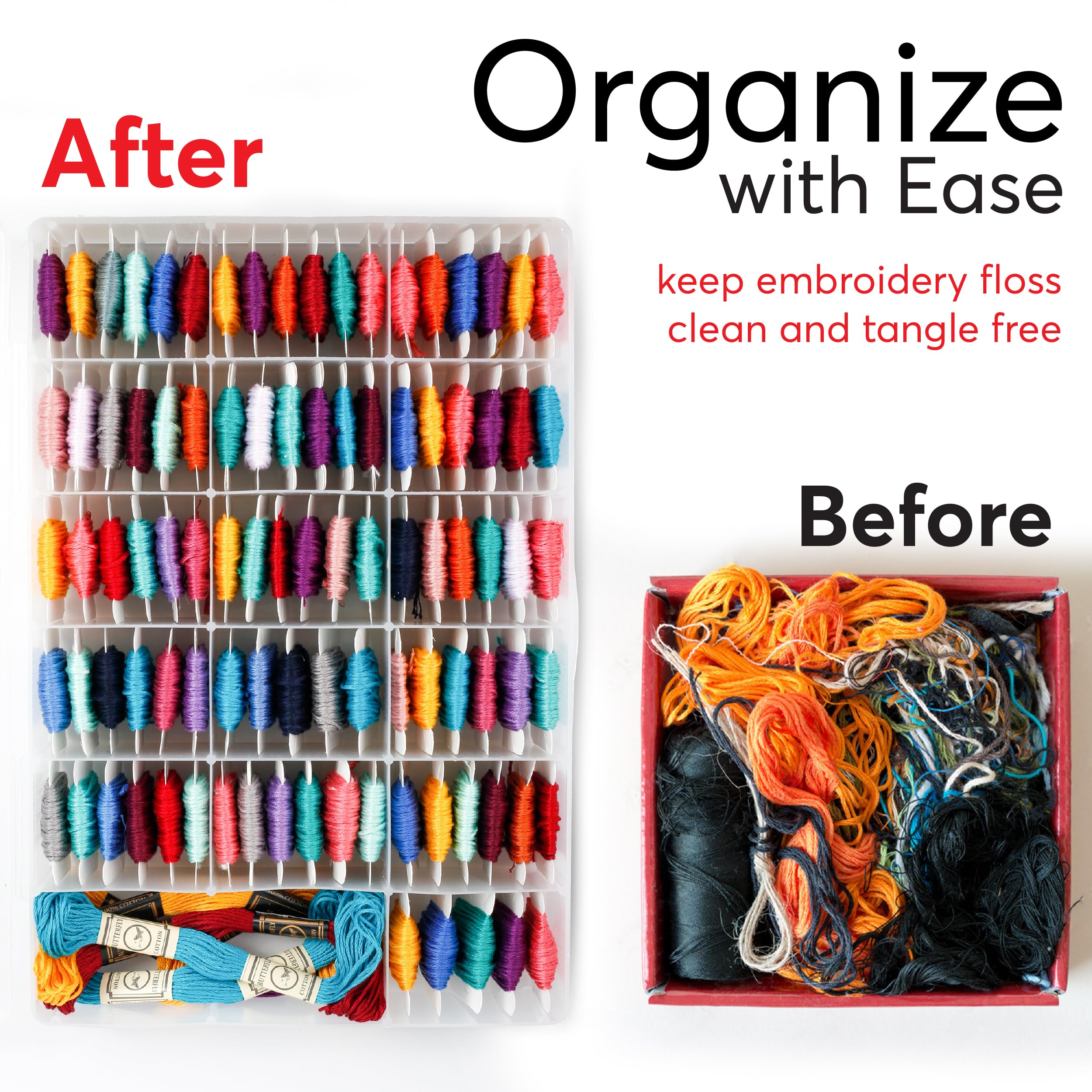 2-Pack Clear Embroidery Floss Organizer Box with 50 Cardboard Bobbins - 17 Compartment Thread & Bead Storage Case, Snap-Tight Sewing & Jewelry Making Supplies (Made in USA) - Perfect for Cross Stitch, Needlework & Craft Organization