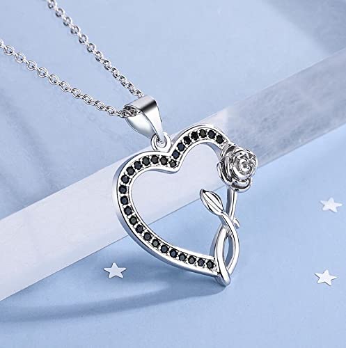 Sparkling Black Crystal Heart Necklace with Single Rose - Elegant Valentine's Gift for Her, Anniversary Jewelry, Romantic Date Night Accessory