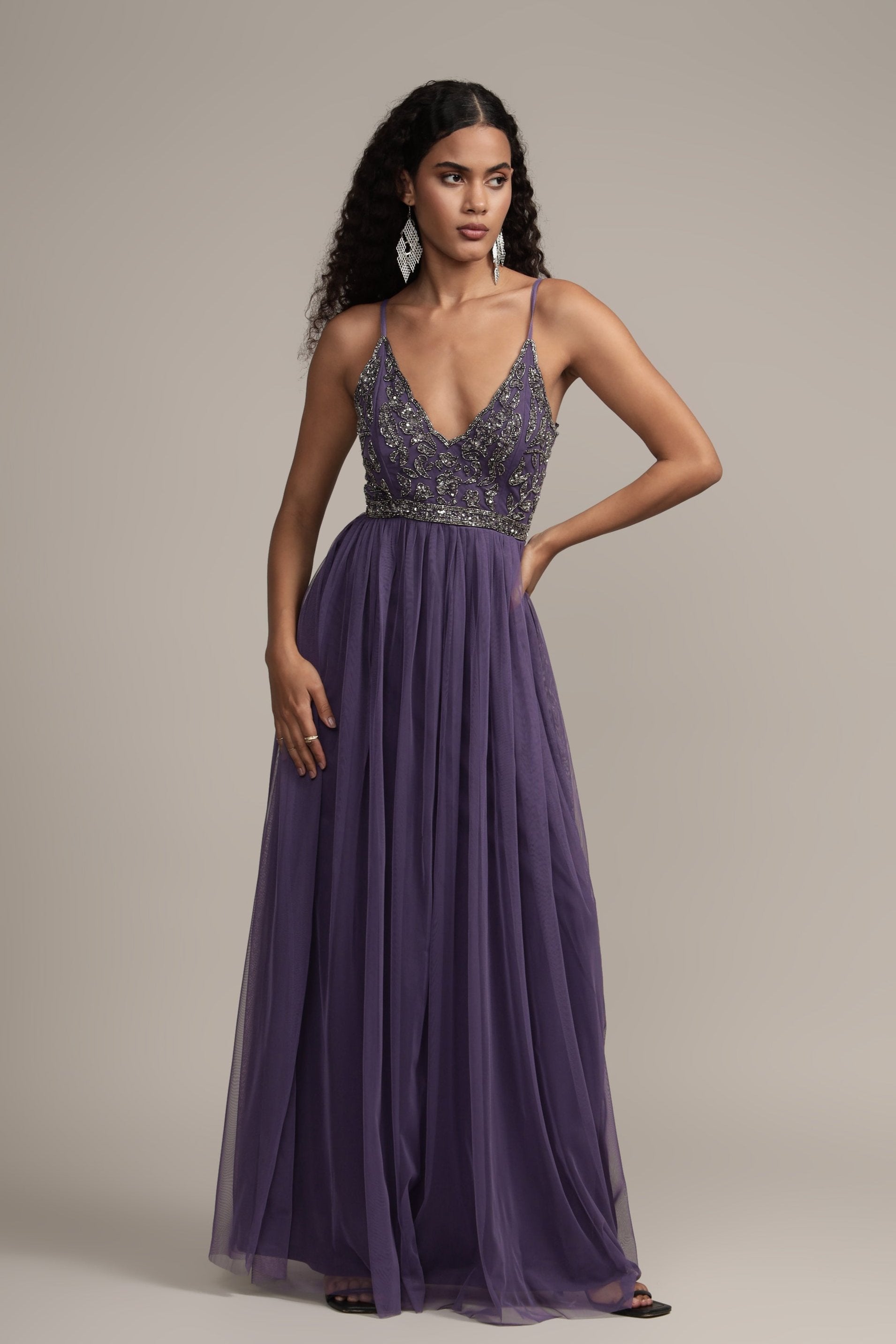 Lexi Embellished Maxi Dress in Mulled Grape - Elegant Long Flowy Evening Gown for Weddings, Parties & Special Occasions