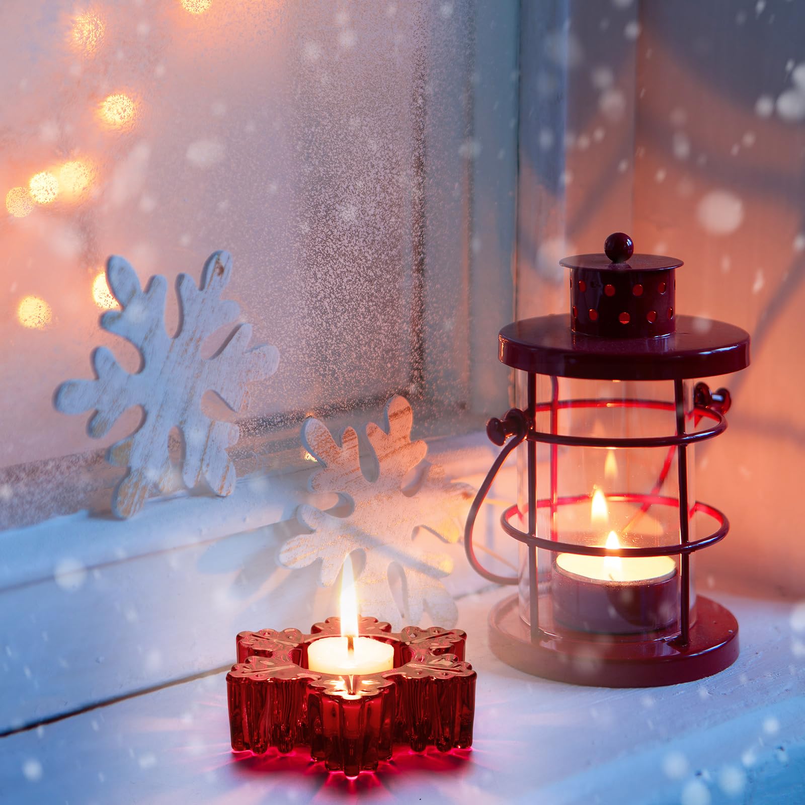 Set of 2 Red Glass Tealight Candle Holders - Christmas Snowflake Design Table Centerpiece Decor for Holiday Parties, Home Decor & Winter Weddings