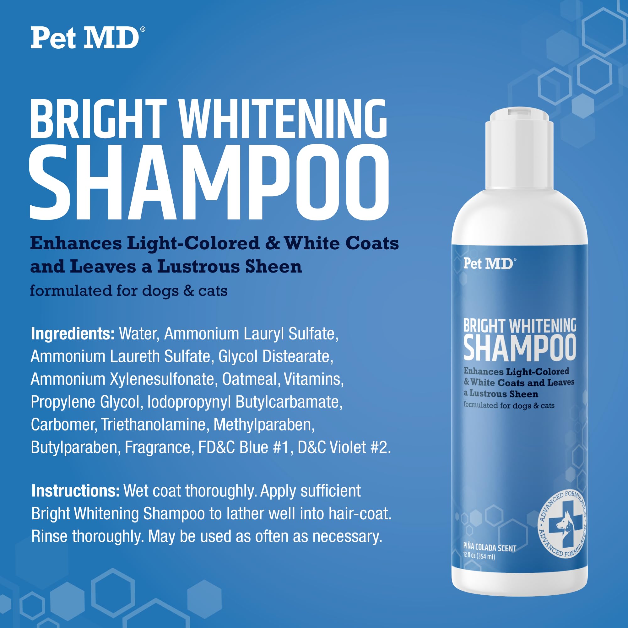 Pet MD Bright Whitening Shampoo for Dogs & Cats - Tearless Protein Enriched Shampoo with Oatmeal for White & Light Colored Coats - Cleans, Adds Shine & Prevents Matting - 12 oz - Perfect for Grooming, Show Prep & Daily Baths
