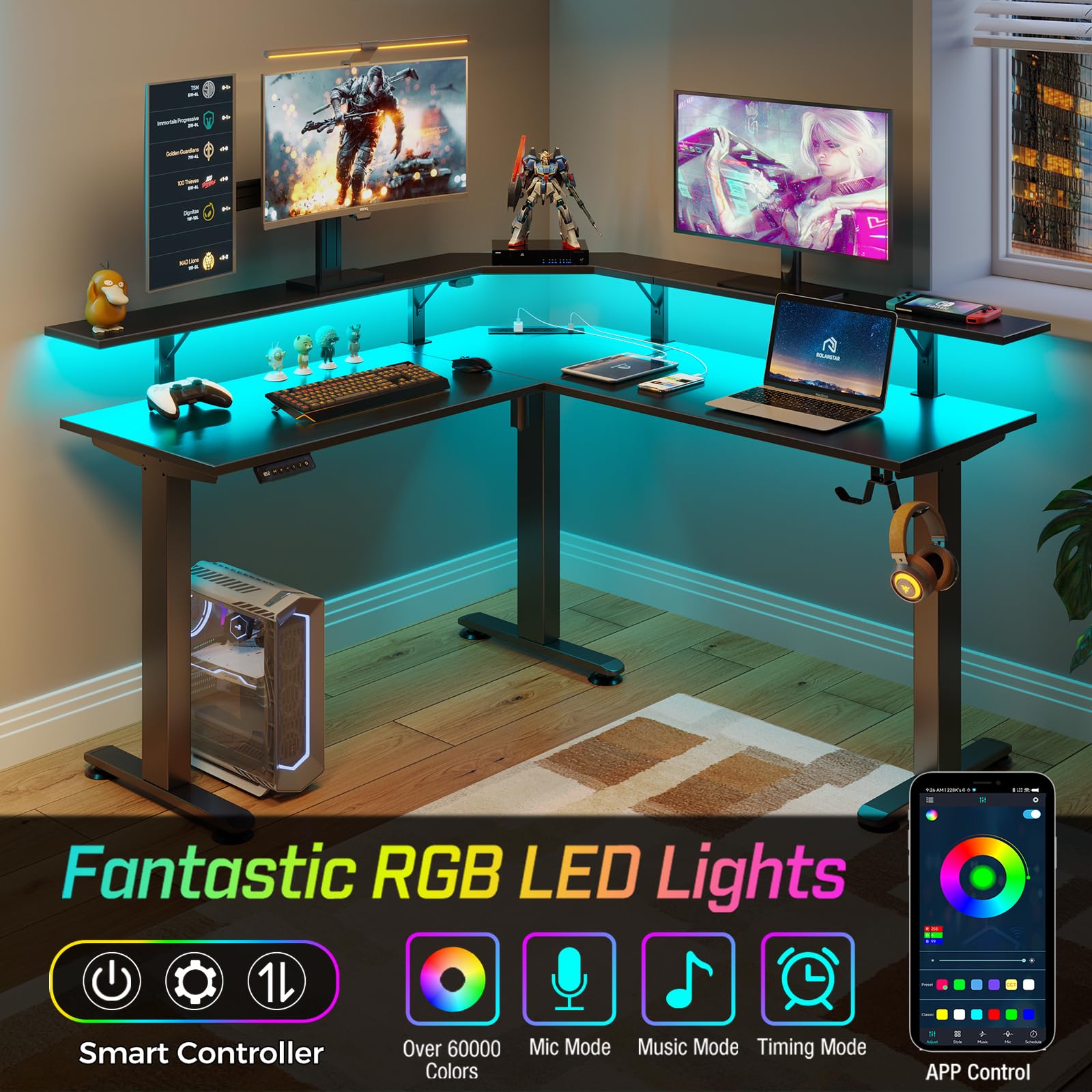 Rolanstar Electric Height Adjustable L-Shaped Standing Desk with LED Light & Power Outlet - Sit Stand Computer Office Desk with Monitor Stand (Black) - Perfect for Home Office, Gaming Setup & Workspace Ergonomics
