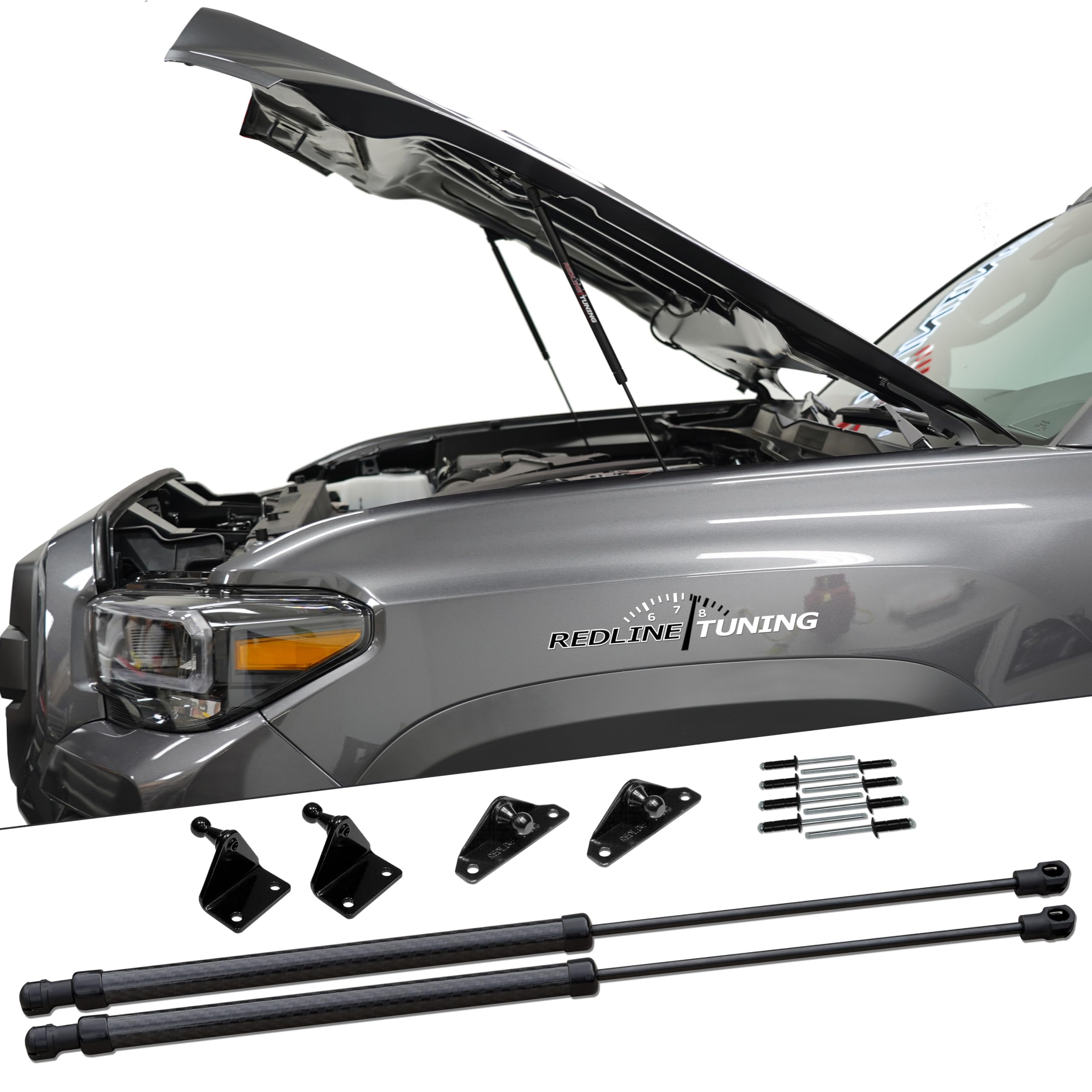 Redline Tuning 21-27015-04 Hood QuickLIFT Plus Carbon System for Toyota Tacoma 2016-2023 - All Black Components & Carbon Fiber-Sleeved Struts | Easy Hood Lift Kit for Off-Roading & Truck Maintenance