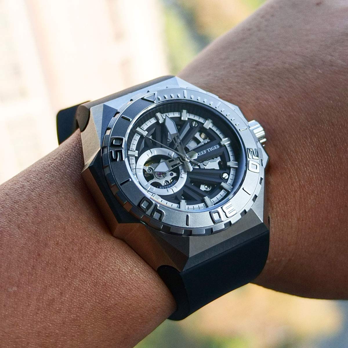 REEF TIGER Men's Military Dive Watch - Automatic Mechanical Skeleton Watch with Rubber Strap RGA6903-S | Waterproof Sport Watch for Swimming, Diving & Outdoor Adventures