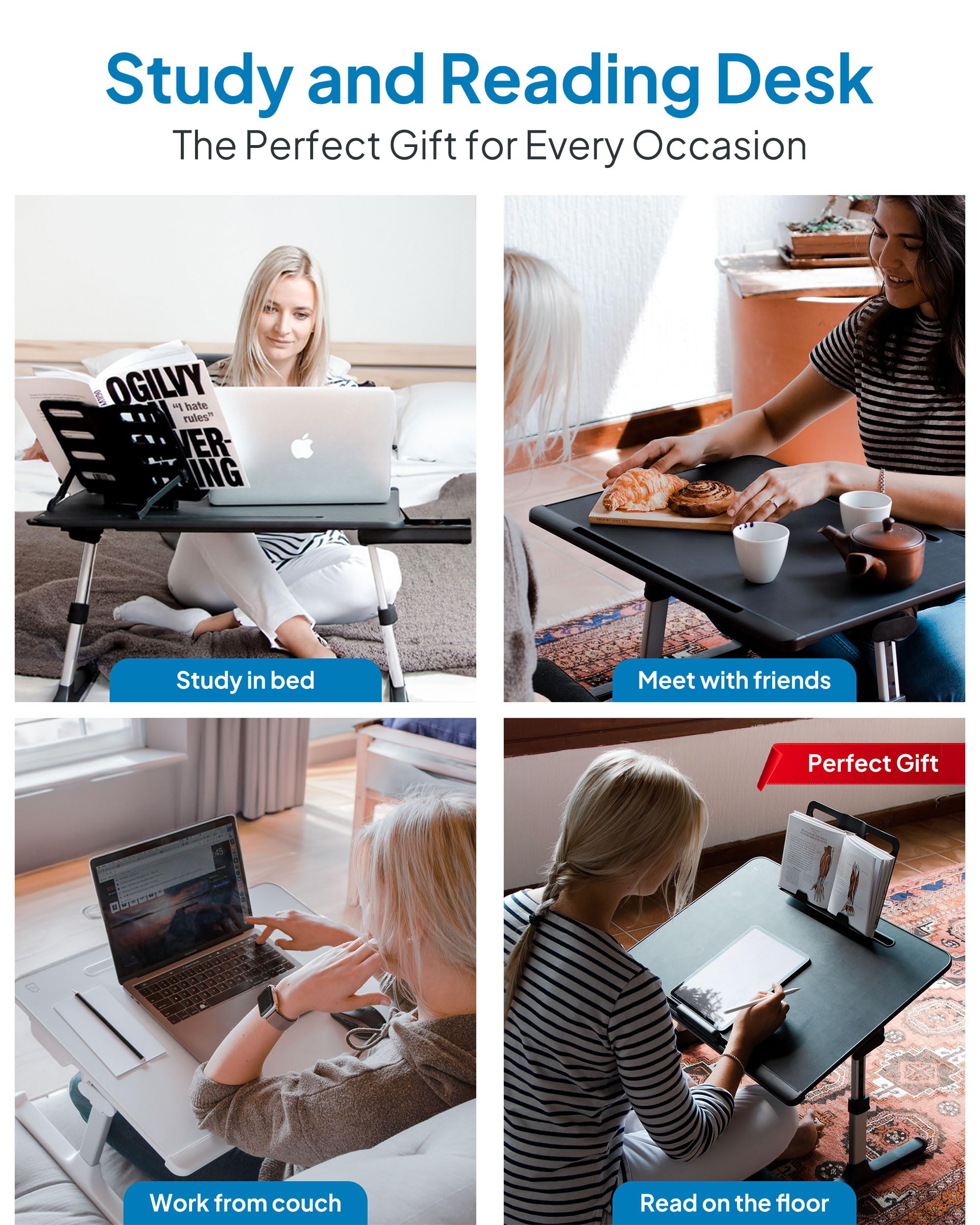 Premium Leather Adjustable Laptop Desk - Cooper Desk PRO | Ergonomic Height-Adjustable Bed & Floor Workstation for Home Office, Gaming, Reading & Writing | Portable Lap Stand (Pearl White)