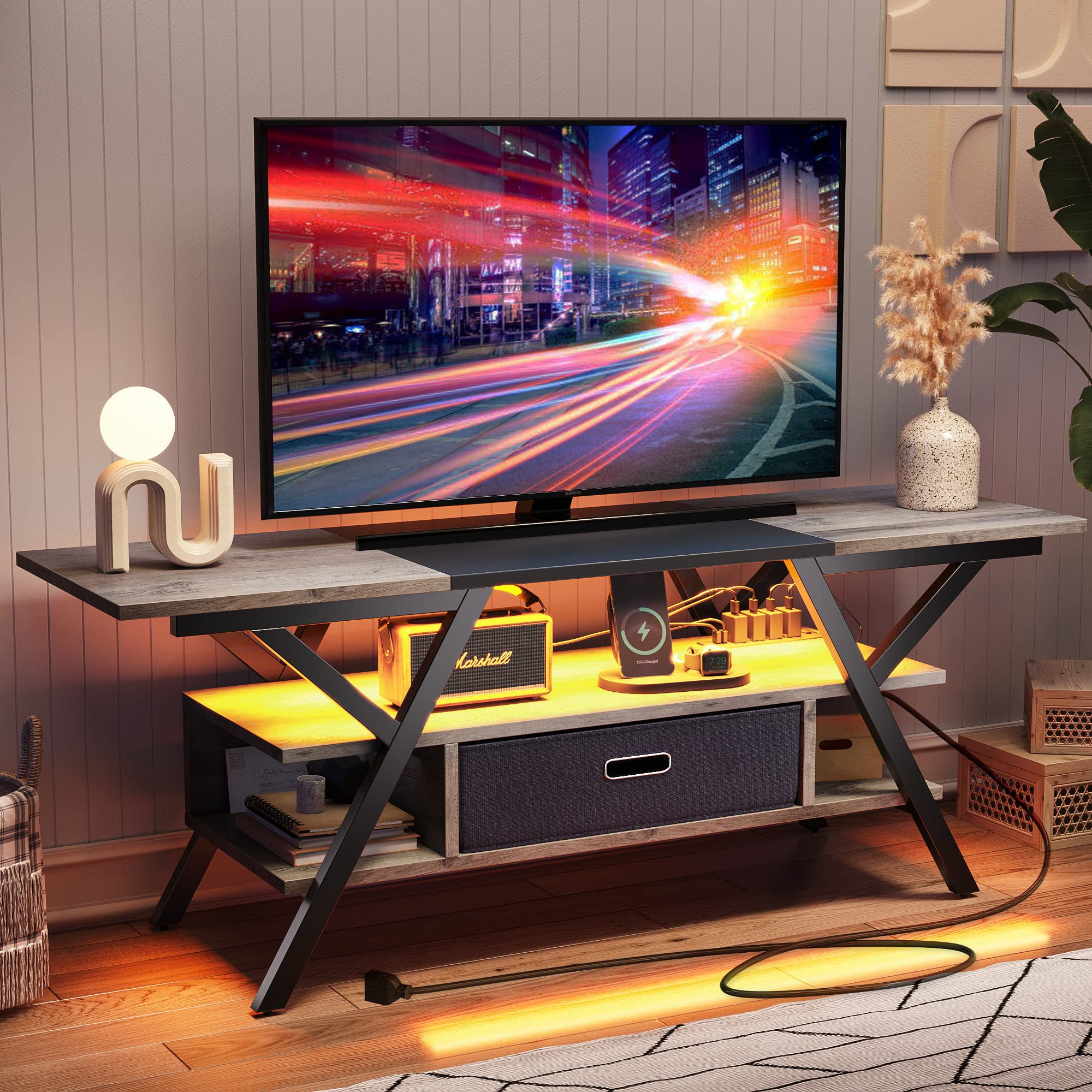 Bestier Farmhouse LED TV Stand with Power Outlets - Entertainment Center for 55/60/65 Inch TVs - Modern TV Cabinet with Storage for PS5, Xbox - Perfect for Living Room & Bedroom - Wash Grey Finish - Ideal for Gaming Setups & Home Theater Systems