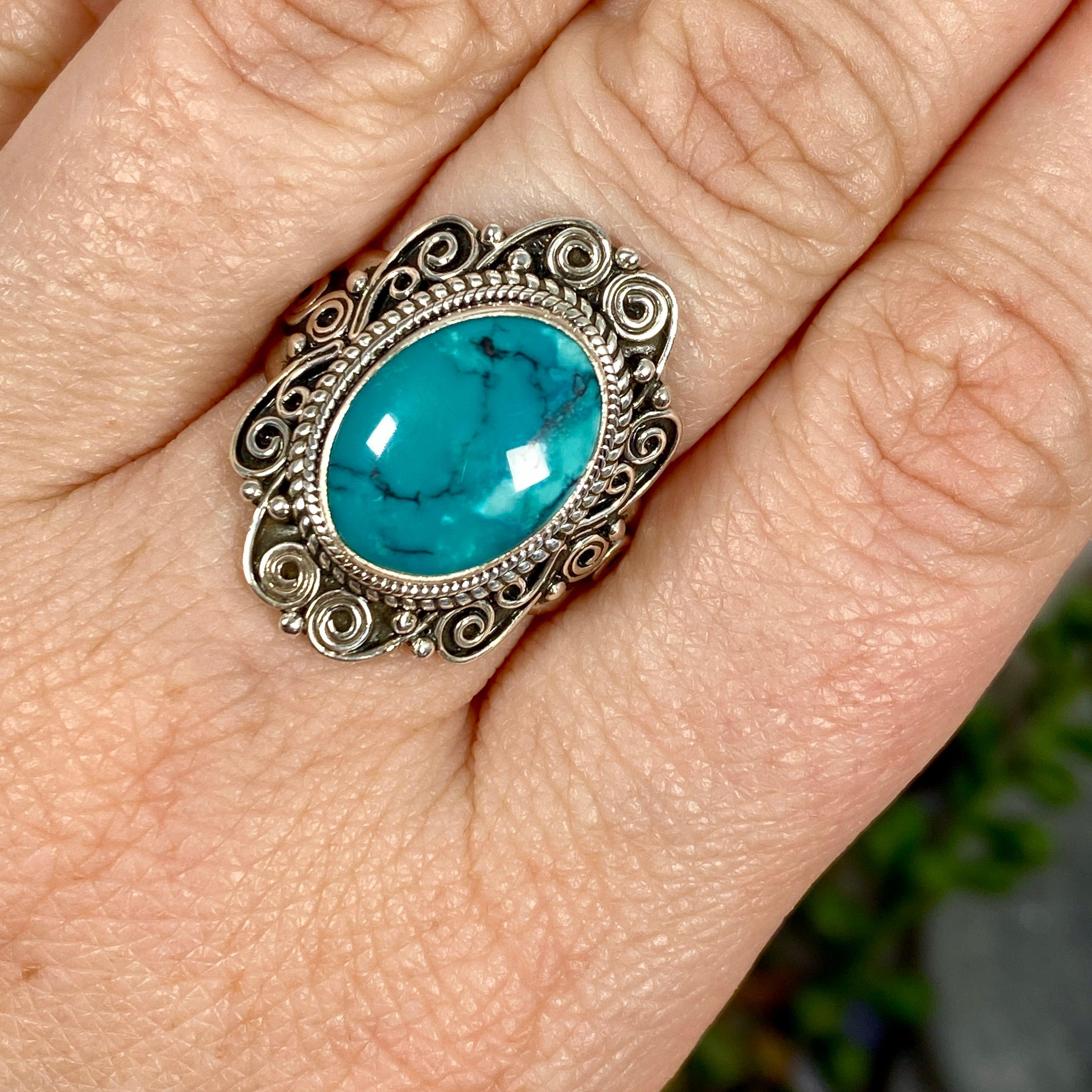 Boho Style Turquoise Oval Ring Size 8 - Handmade Sterling Silver Jewelry for Women, Perfect for Festivals, Weddings & Everyday Boho Fashion