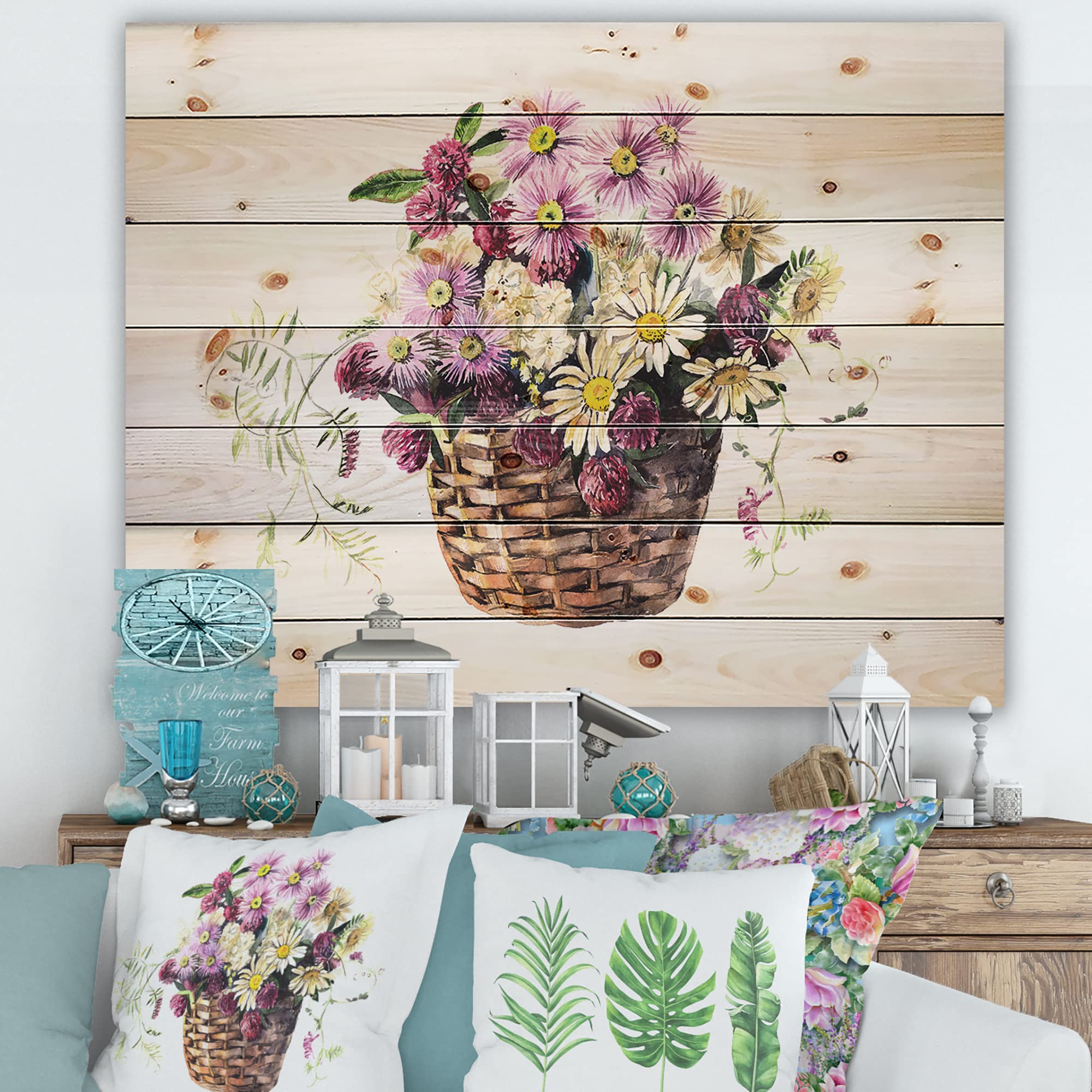 Traditional Wood Wall Decor - Pink Floral Bouquet in Basket, Large Meadow Flowers Wall Art Panel Printed on Natural Pine Wood | Perfect for Farmhouse, Rustic, Boho Home Decor & Living Room, Bedroom, Office Wall Decoration