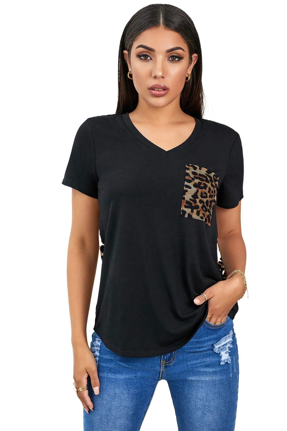 YJM Women's V-Neck Leopard Print T-Shirt - Short Sleeve Pocket Top, Summer Casual Loose Blouse for Everyday Wear, Work & Weekend Outings
