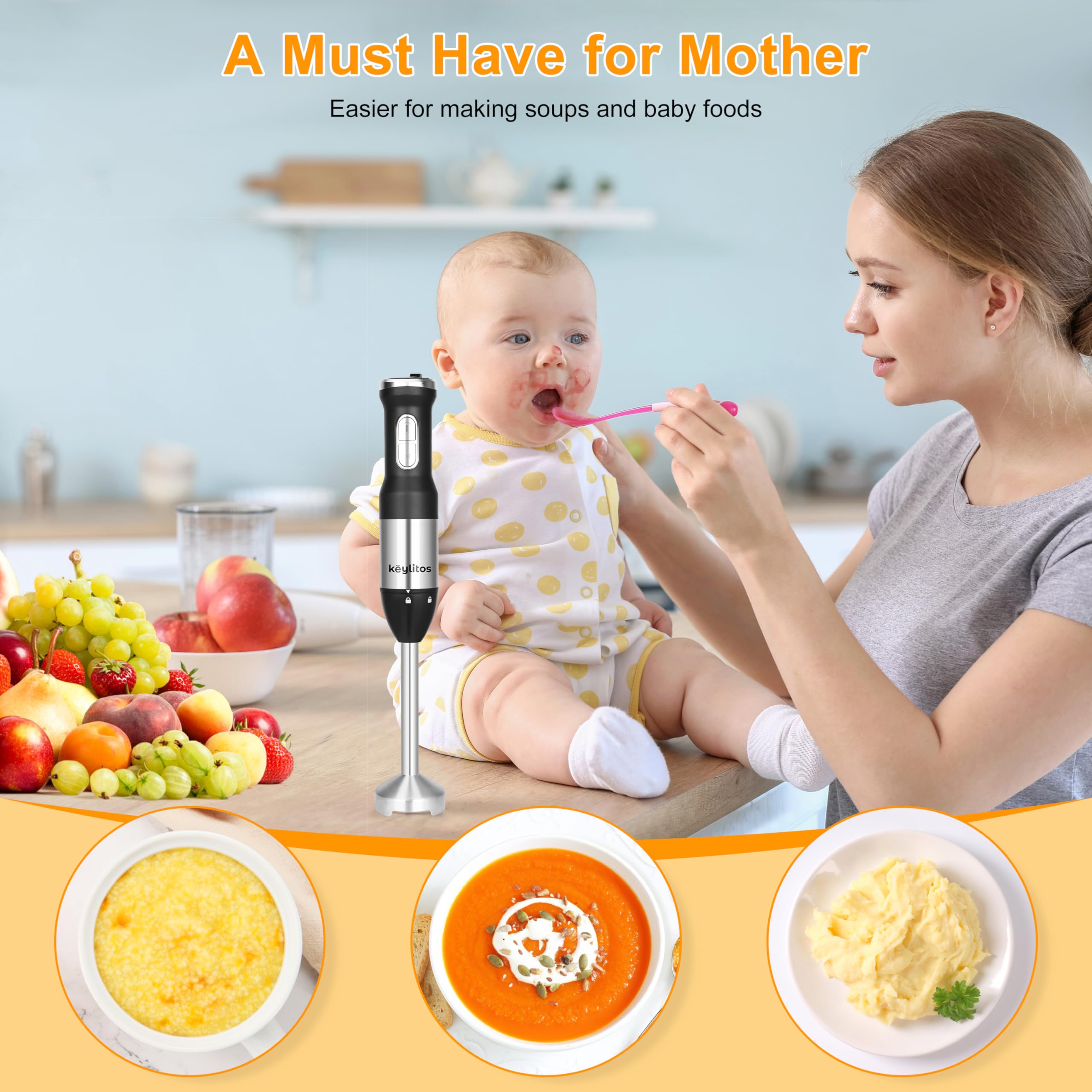 Keylitos 5-in-1 Immersion Hand Blender Mixer Set - 600W Upgraded Stick Blender with 600ML Food Chopper, 800ML Mixing Beaker, Whisk & Milk Frother - Perfect for Smoothies, Baby Food, Sauces, Puree, Soup - Ideal for Kitchen, Home Cooking & Meal Prep (Black)