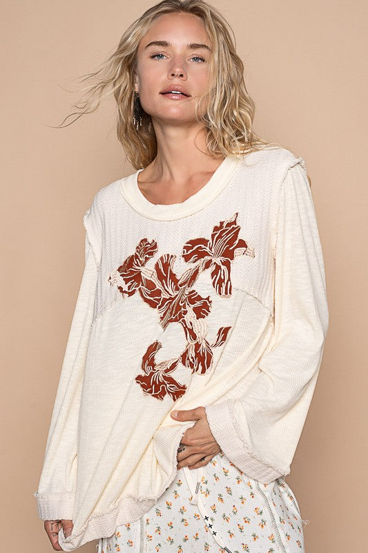 Embroidered Round Neck Long Sleeve Knit Top for Women - Soft Cotton Casual Blouse - Perfect for Office Wear, Date Night & Everyday Outfits