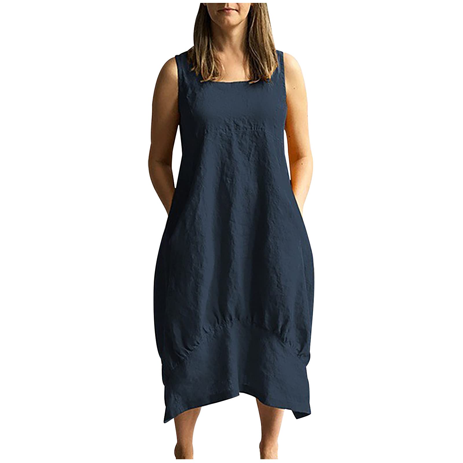 Howley Women's Summer Dress - Solid Color Cotton Linen Beach Sundress, Loose Sleeveless Midi Dress with Pockets | Casual Wear, Vacation, Beach Outing, Summer Party