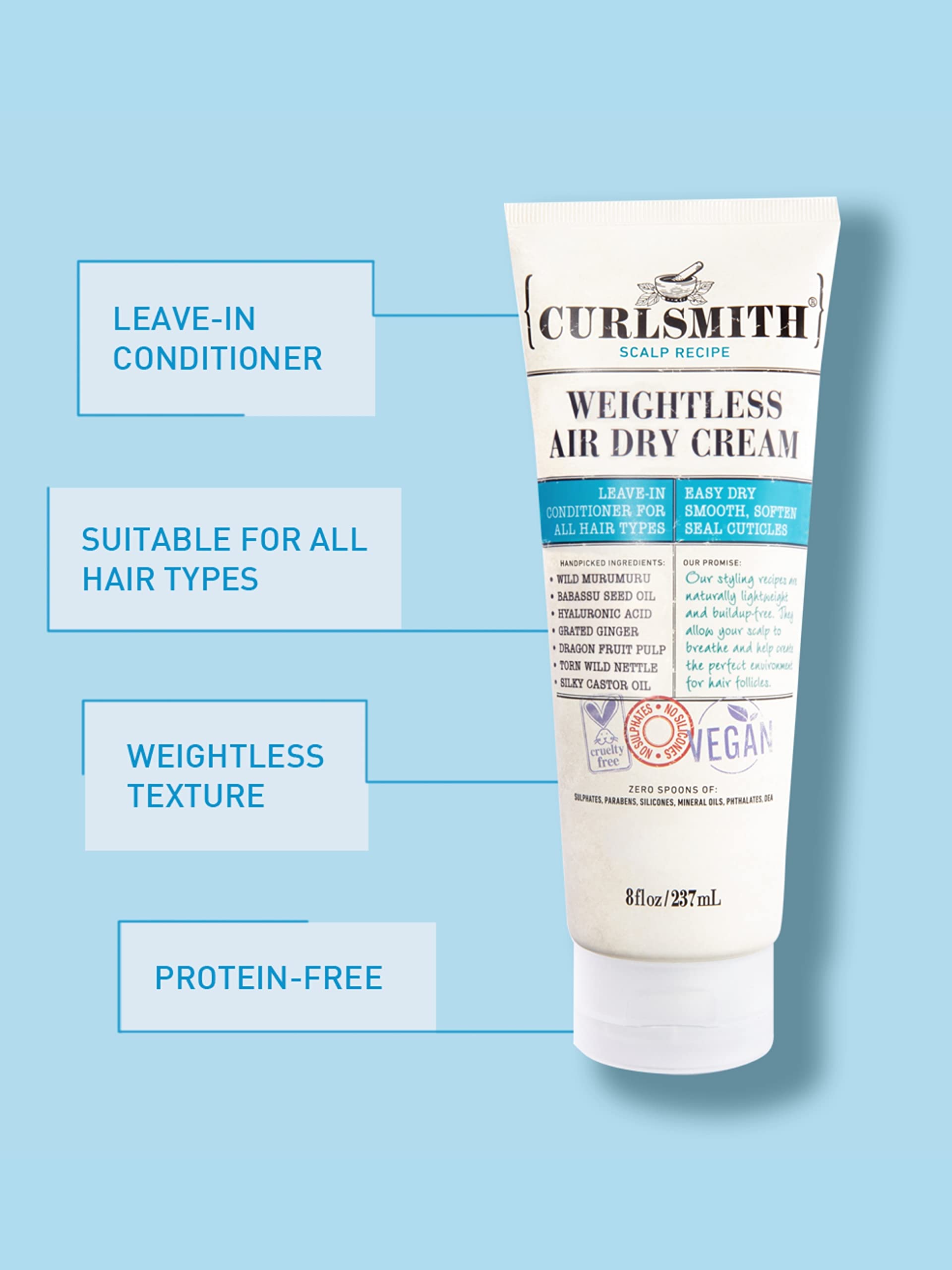 CURLSMITH Weightless Air Dry Cream - Vegan Leave-In Conditioner for All Hair Types, Smooths & Defrizzes Hair - Perfect for Natural, Curly & Wavy Hair Care Routine