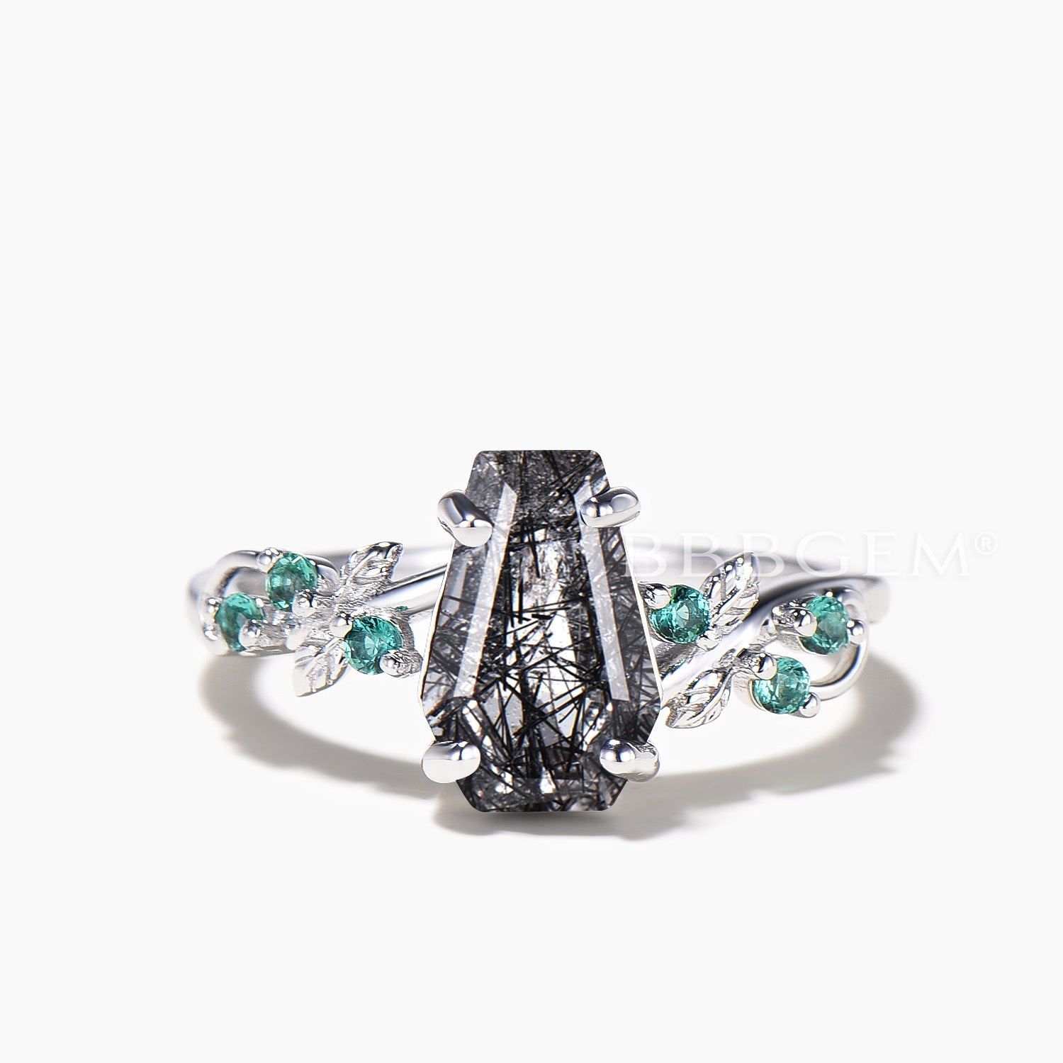 Natural Black Rutilated Quartz Coffin Cut Engagement Ring - Gothic Emerald Leaf Wedding Band for Women - Perfect for Dark Romance, Alternative Weddings & Vampire-Themed Occasions