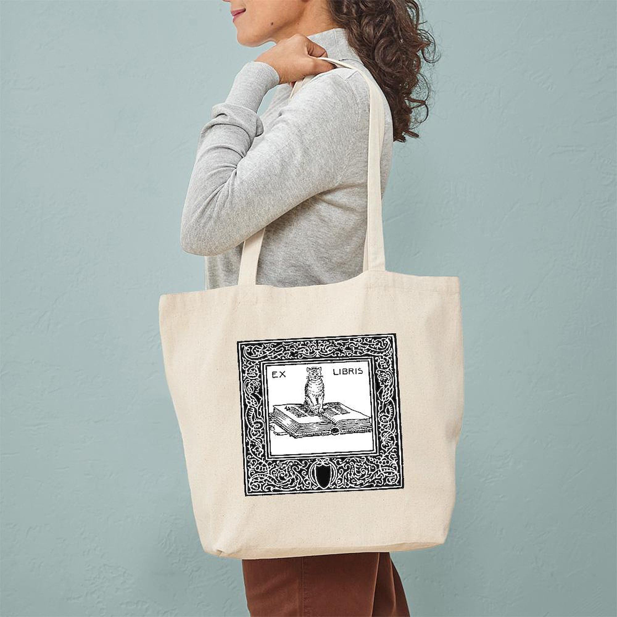 Ex Libris Cat and Book Tote Bag - Natural Canvas Reusable Shopping Bag for Book Lovers, Library Visits & Eco-Friendly Grocery Trips
