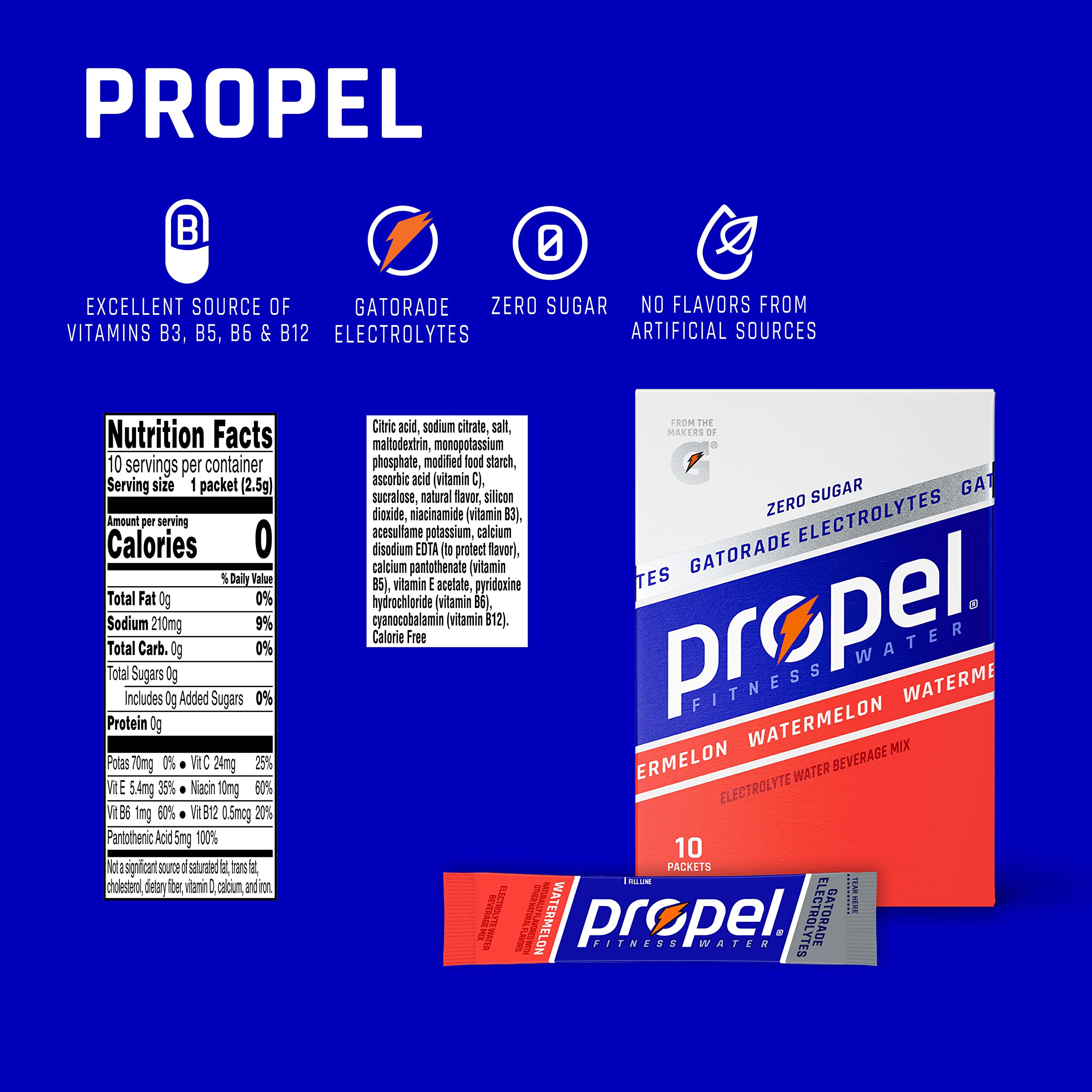 Propel Powder Packets - Watermelon Flavored Electrolyte Drink Mix with Vitamins, Zero Sugar, 10 Count (Pack of 12) - Great for Hydration During Workouts, Hiking & Outdoor Activities