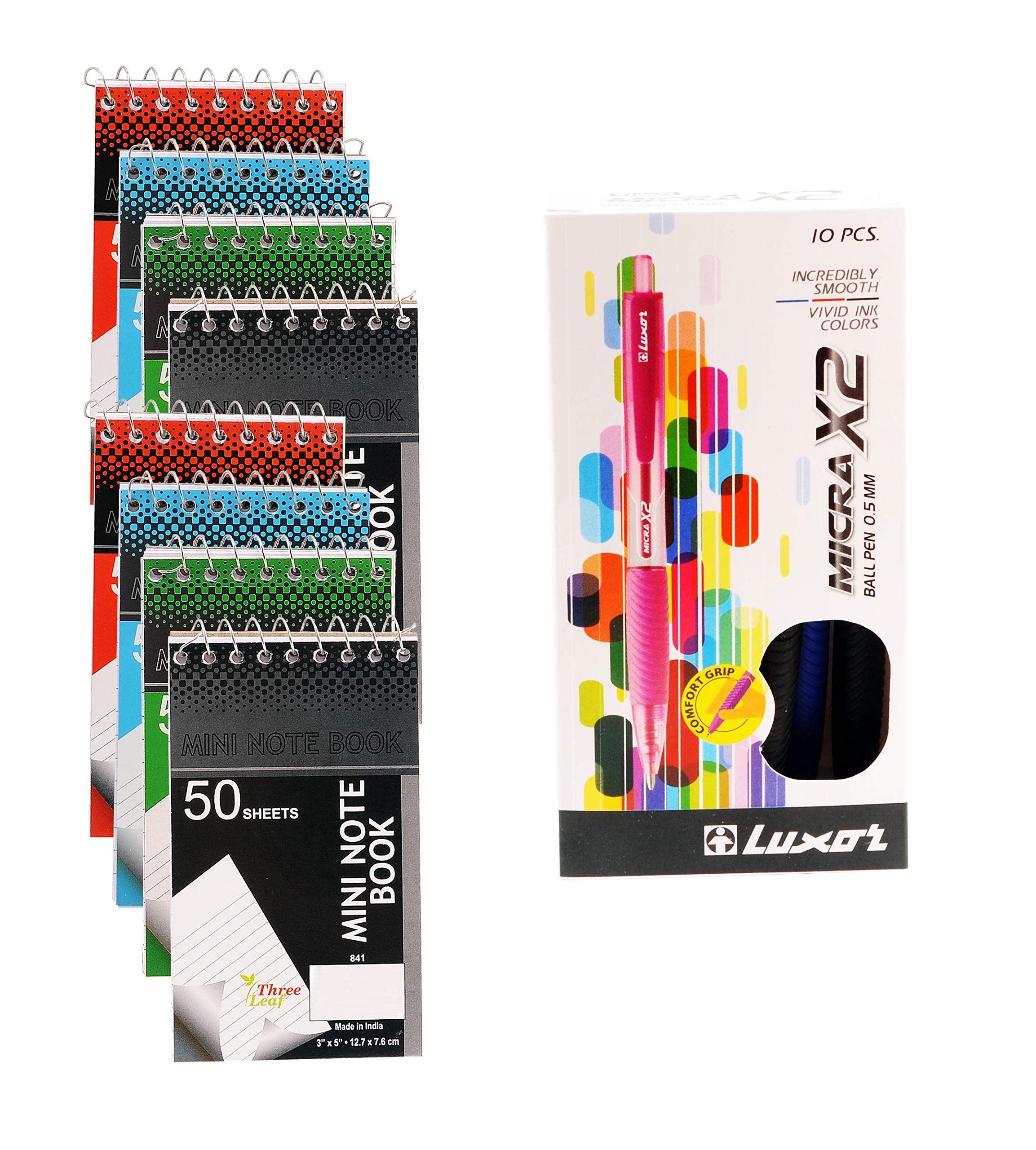 8-Pack Mini Notebooks 3x5 Inch College Ruled with 10-Pack 0.5mm Micra X2 Ballpoint Pens - 50 Pages per Notebook, 6 Assorted Colors (Black, Blue, Fuchsia, Green, Purple, Red) - Perfect for Students, Office Work & Journaling