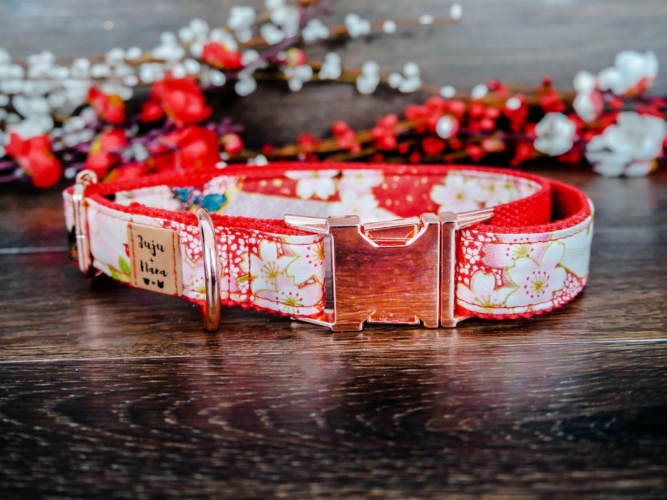Japanese Kimono Dog Collar - Red Sakura Floral Pattern, Adjustable Pet Necklace for Small Medium Dogs - Perfect for Cosplay, Halloween & Special Occasions