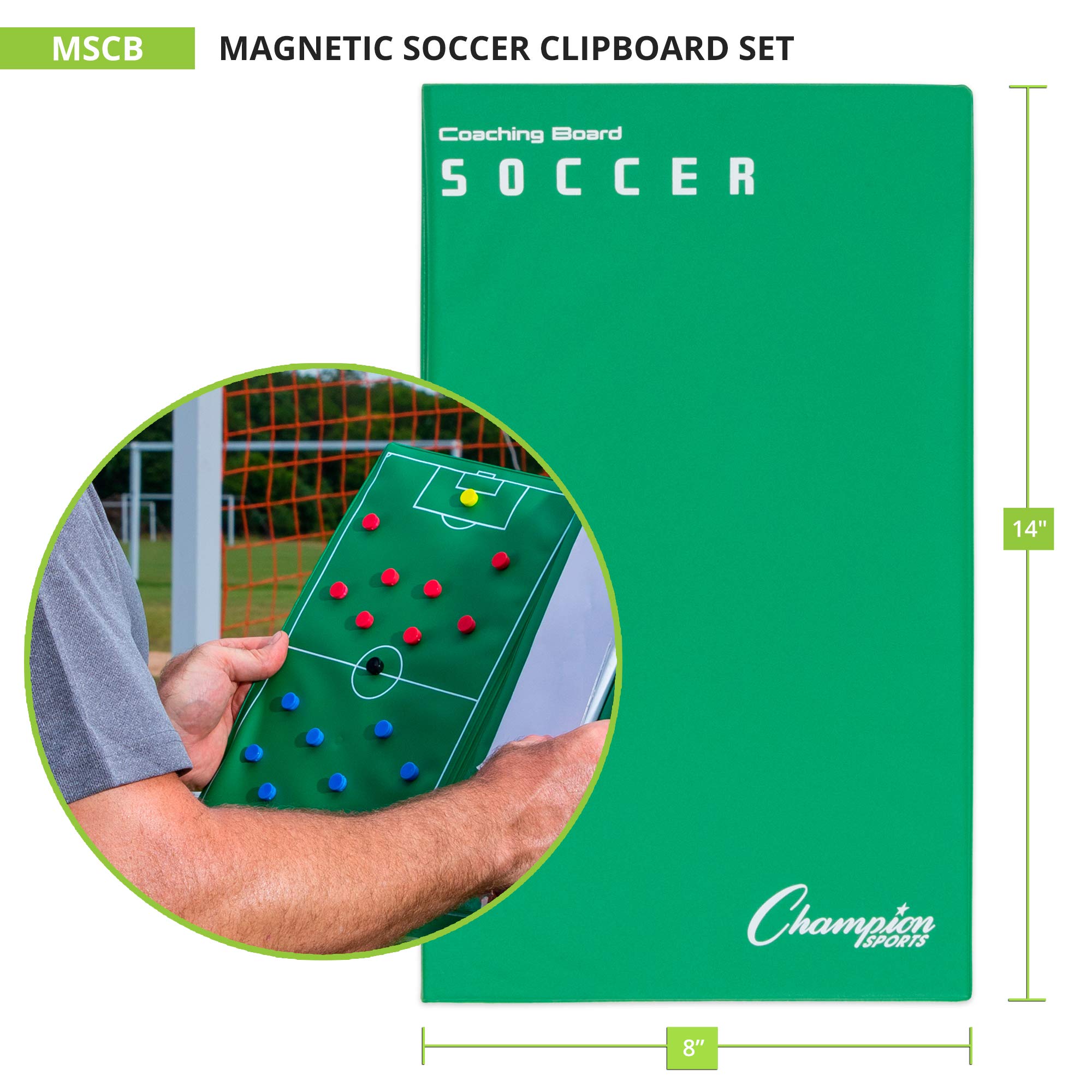 Champion Sports Magnetic Soccer Clipboard Set - Green - Perfect for Coaches, Players & Tactics Planning on the Field