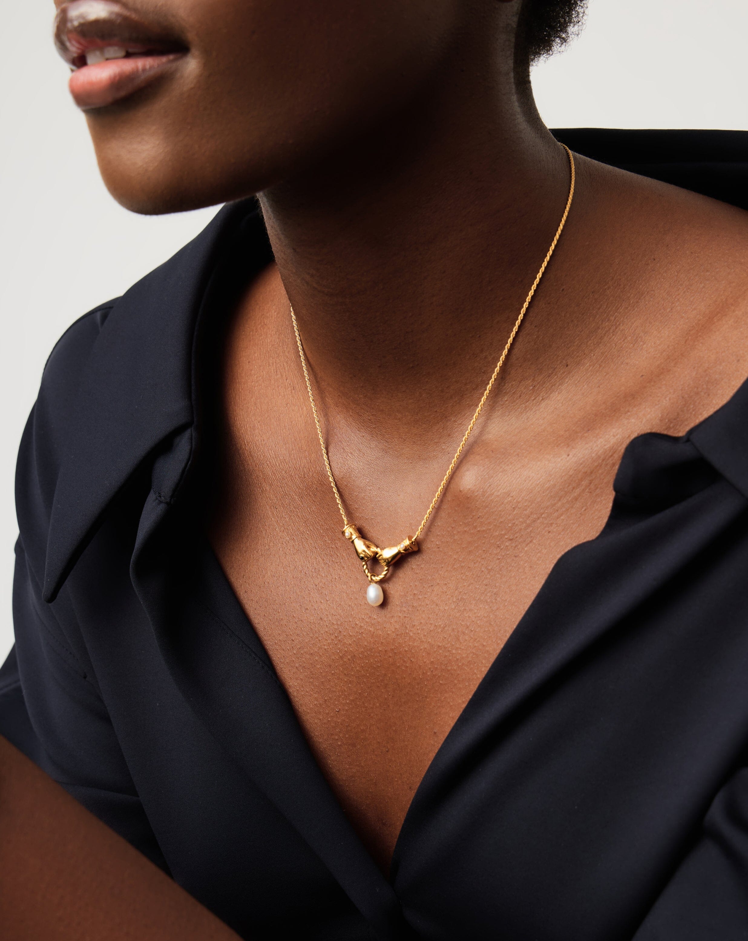 Harris Reed In Good Hands Drop Pendant Necklace - 18k Gold Plated with Pearl & Black Onyx | Elegant Layering Jewelry for Women, Perfect Gift for Birthday, Anniversary & Special Occasions