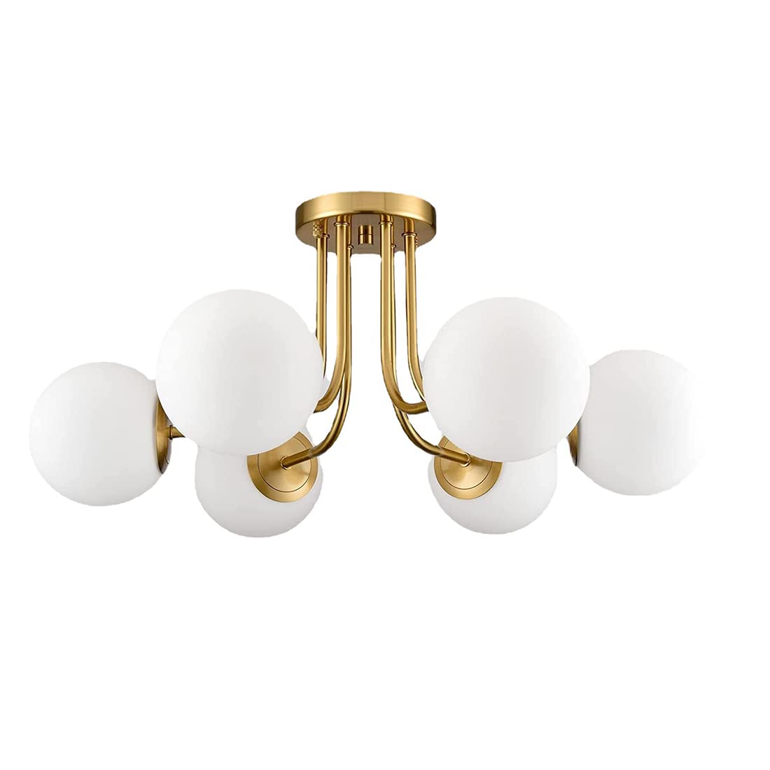Modern 6-Light Gold Brushed Brass Sputnik Chandelier - Flush Mount Ceiling Light Fixture with Glass Globes - Simple Stylish Lighting for Bedroom, Living Room, Kitchen - Perfect for Dining Areas, Hallways & Home Decor