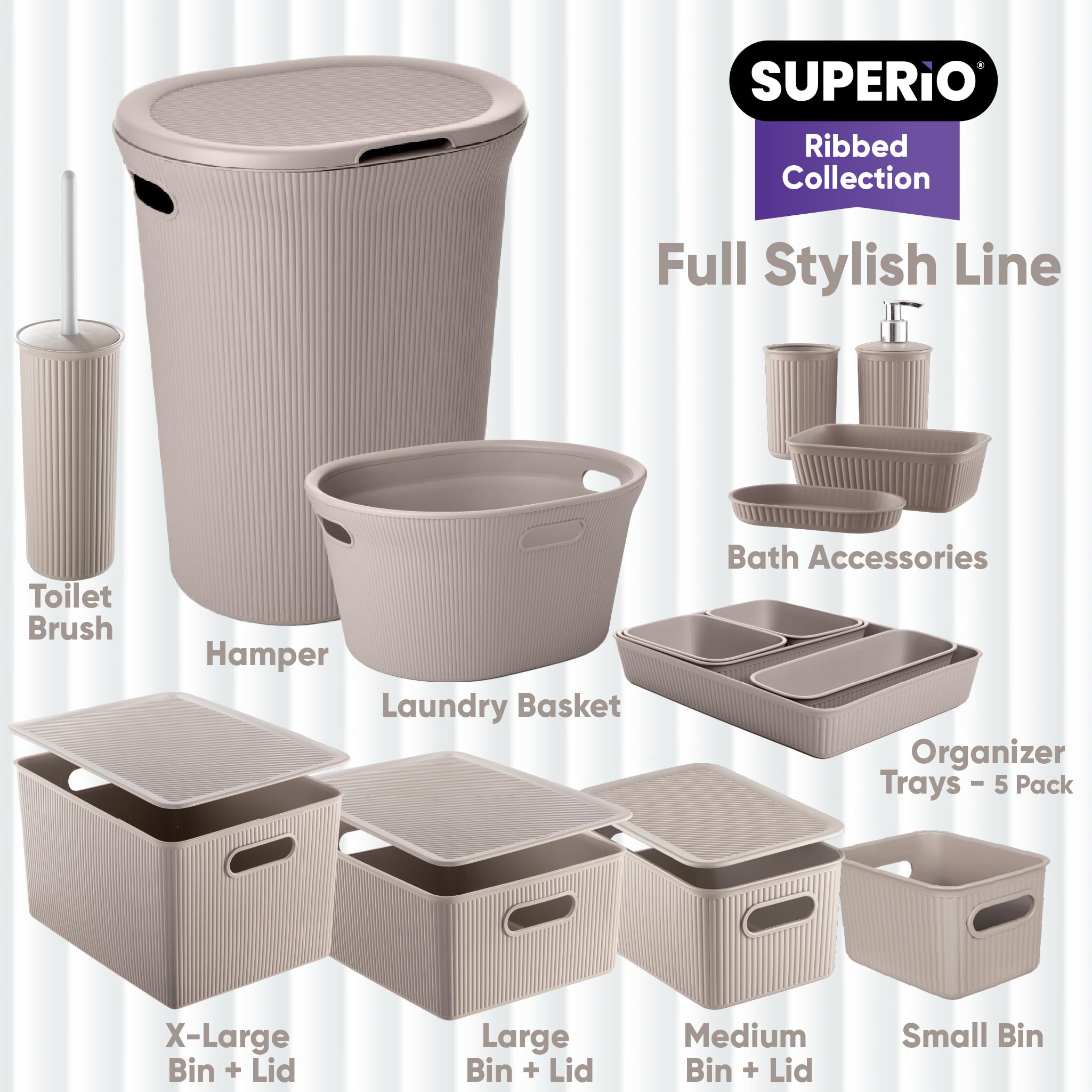 Superior Ribbed Laundry Basket Set of 2 with Lid & Handles - Taupe Plastic Storage Organizer for Clothes, Towels & Linens | Perfect for Bedroom, Bathroom, College Dorm & Laundry Room Organization