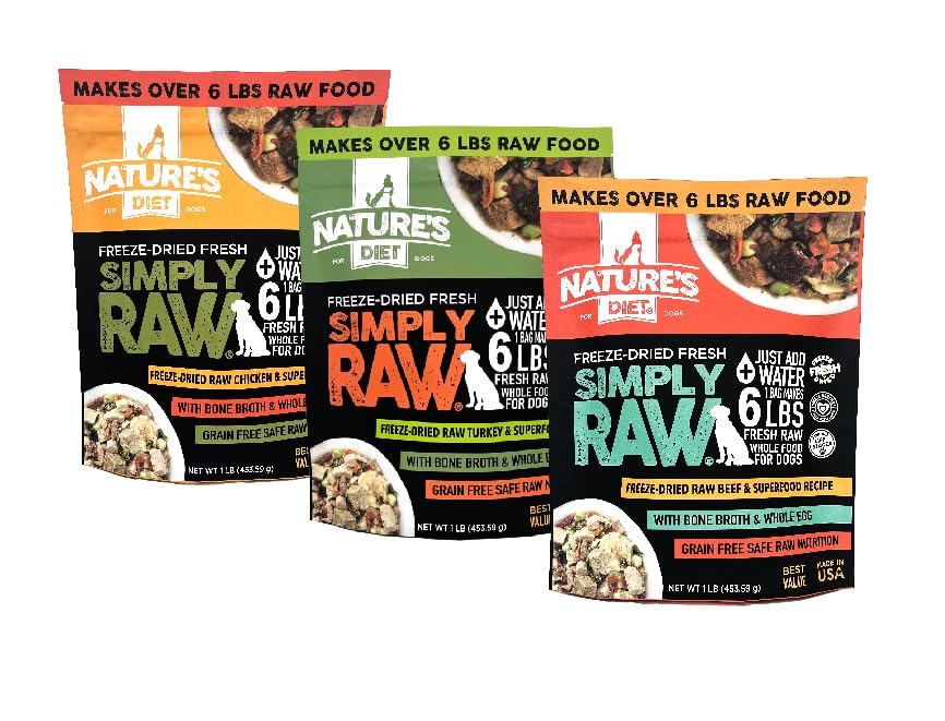 Nature's Diet Simply Raw Freeze-Dried Whole Food Meal - 1 lb Sample 3 Pack with Muscle, Organ, Bone Broth, Whole Egg, Superfoods & Omega 3-6-9 Fish Oil | Probiotics & Prebiotics for Dogs & Cats | Perfect for Travel, Camping & Emergency Pet Food Supply