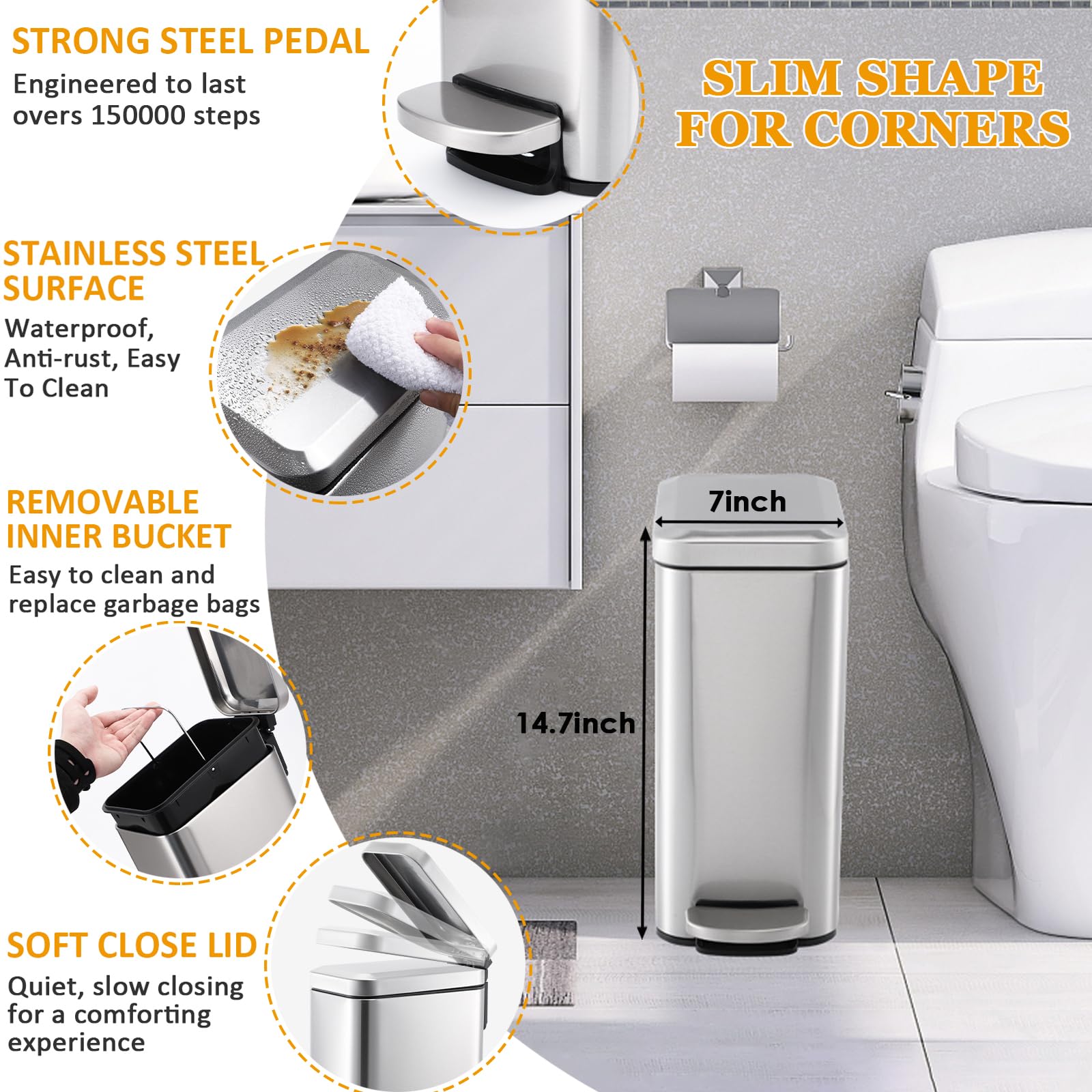 2.6 Gallon Stainless Steel Bathroom Trash Can with Lid & Toilet Brush Holder Set - 10L Silver Wastebasket for Office, Kitchen, Bedroom - Includes Trash Bags | Space-Saving Design for Narrow Spaces & Modern Bathroom Decor