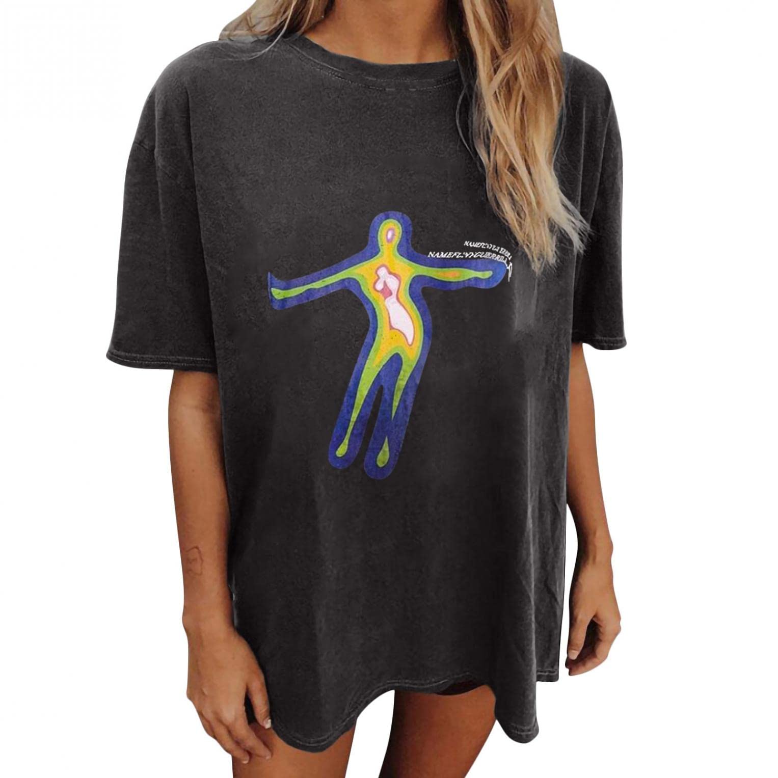 Vintage Oversized Short Sleeve Boatneck T-Shirt for Women - Gothic Skull Print Funny Halloween T-Shirt - Casual Loose Fit Tee for Party, Cosplay & Streetwear Fashion