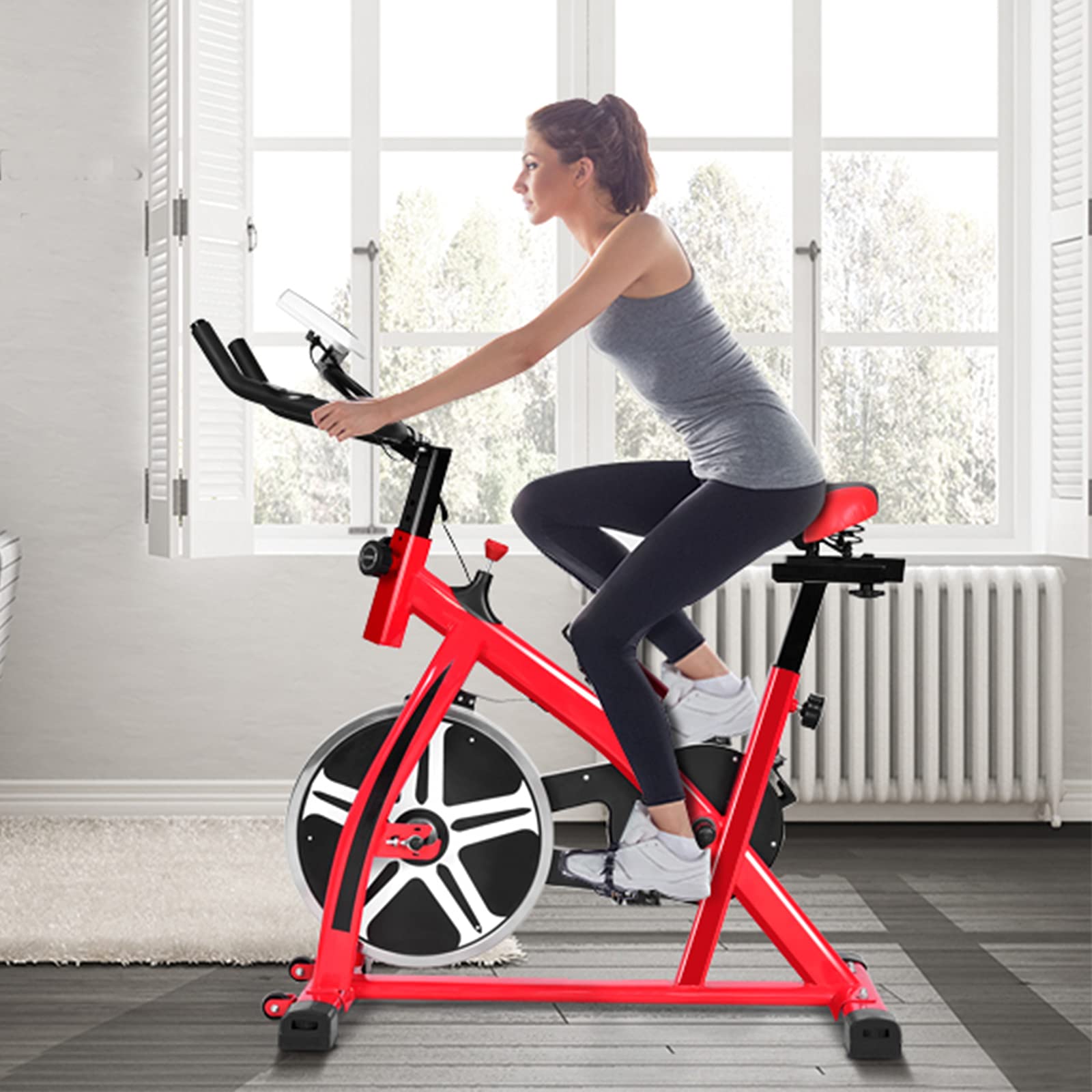 Premium Indoor Cycling Bike - Stationary Exercise Bike with LCD Display, Comfortable Seat Cushion & Water Bottle Holder - Home Fitness Equipment for Cardio Workouts - Perfect for Home Gym, Apartment Workouts & Weight Loss Training (Red)
