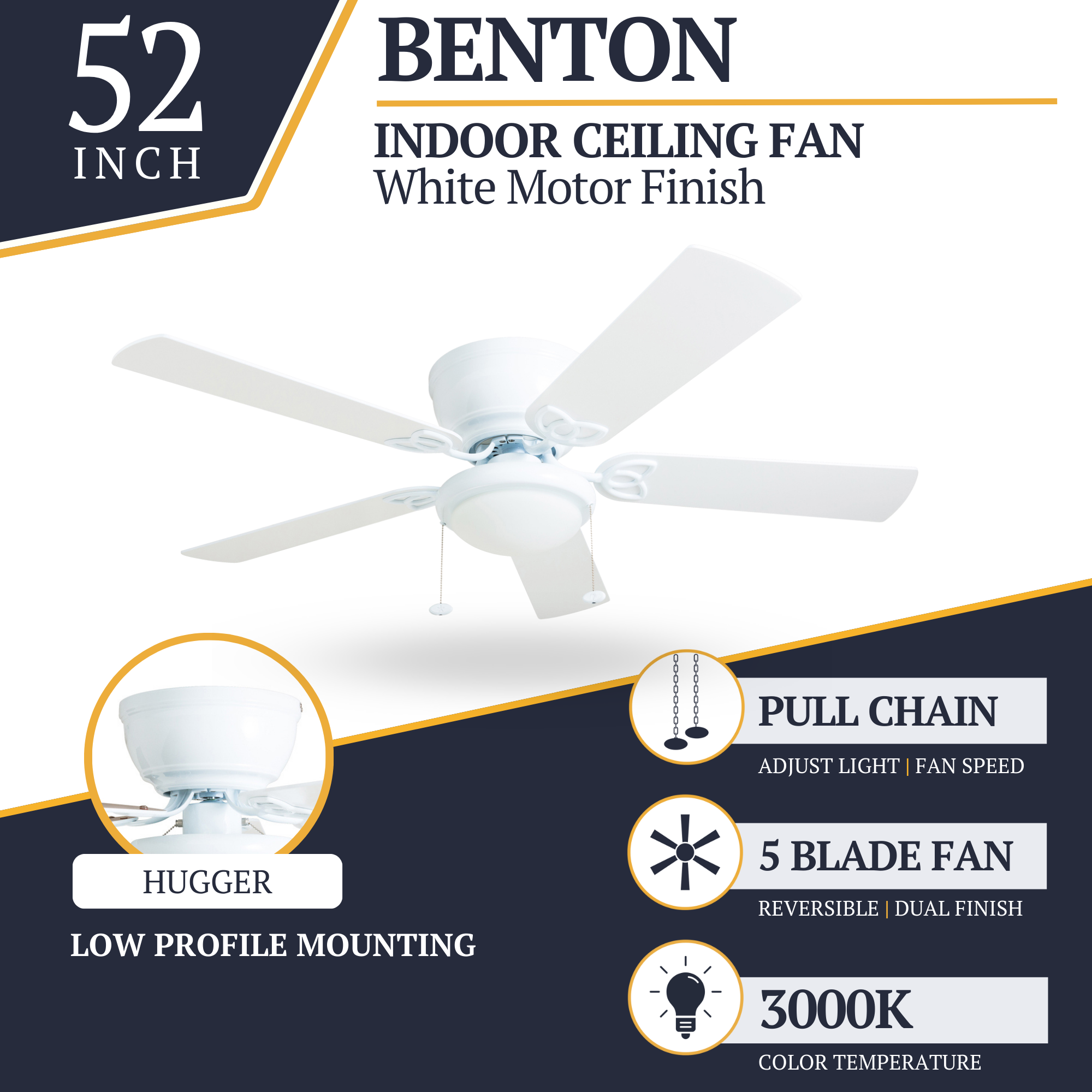 52 Inch Benton White Ceiling Fan with Pull Chain - Energy Efficient, Quiet Operation for Living Room, Bedroom, and Office