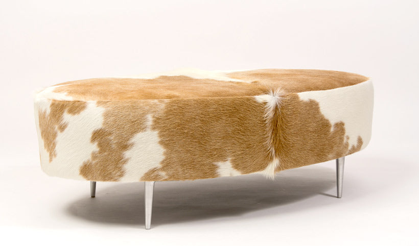 Premium Cowhide Ottoman with Metal Legs - Oval Beige & White Leather Footstool (47