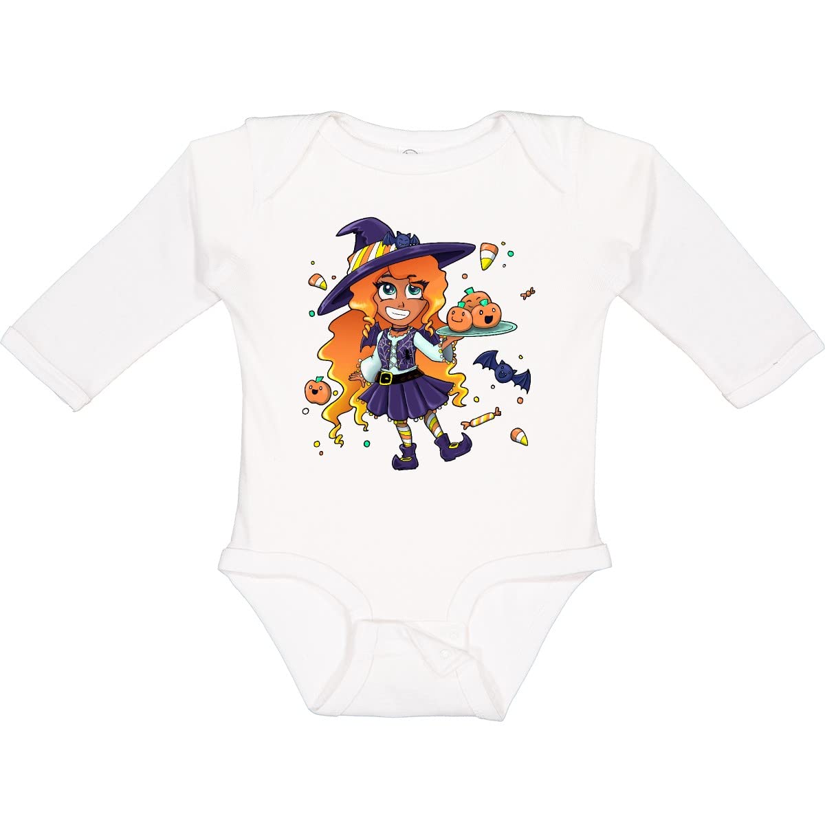 Inktastic Halloween Candy Corn Witch with Pumpkins Long Sleeve Creeper - Cute & Spooky Halloween Outfit for Women & Girls | Perfect for Trick-or-Treating, Costume Parties & Fall Festivals