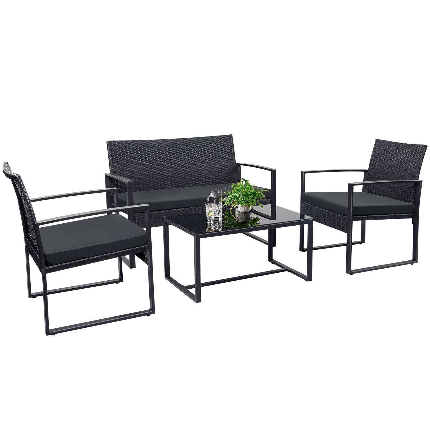4-Piece Modern Outdoor Patio Furniture Set - Black Wicker Conversation Set with Glass Coffee Table for Garden, Backyard, Balcony | Durable All-Weather Lawn Chairs & Porch Seating for Relaxing & Entertaining
