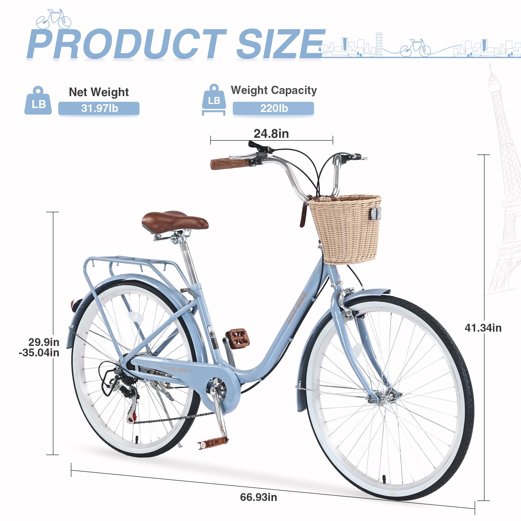 22/26 Inch Women's Beach Cruiser Bike - 7-Speed Hybrid City Bicycle for Women & Men - Commuter Bike for Adults - 4 Color Options - Perfect for Beach Rides, City Commuting & Leisure Cycling