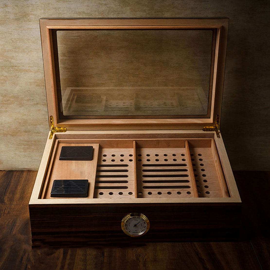 Premium Glass Top Cigar Humidor - Handcrafted Cedar Wood Cigar Storage Box with Adjustable Dividers & Built-in Hygrometer - Holds 60 Cigars Perfect for Home, Office or Gifts for Cigar Enthusiasts