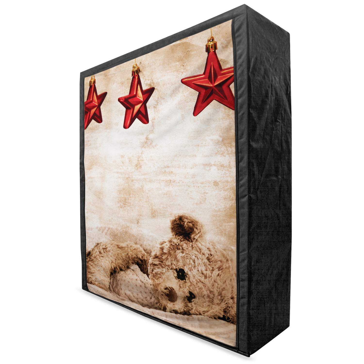 Ambesonne Cartoon Portable Fabric Wardrobe with Christmas Ornament Stars & Teddy Bear Print - 59
