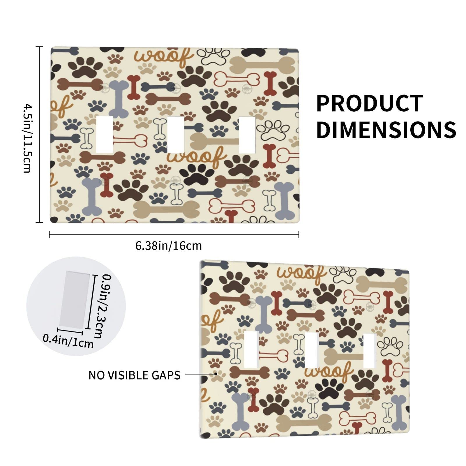 Decorative Triple Toggle Light Switch Cover - 3 Gang Standard Size 6.3x4.5 Inch - Dog Paw Prints & Bones Design - Wall Plate for Kitchen, Bedroom, Girls Room - Perfect for Pet Lovers & Home Decor