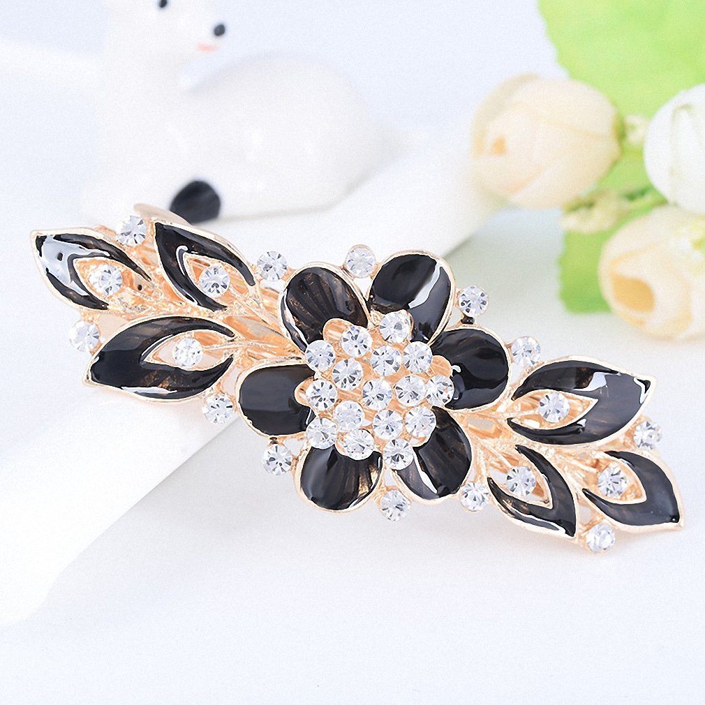 Giwotu Women's Barrettes - Colorful Enamel Flower Hair Clips with Crystal Rhinestones | Fashion Hair Accessories for Women & Girls | Perfect for Weddings, Parties & Daily Styling (Black)
