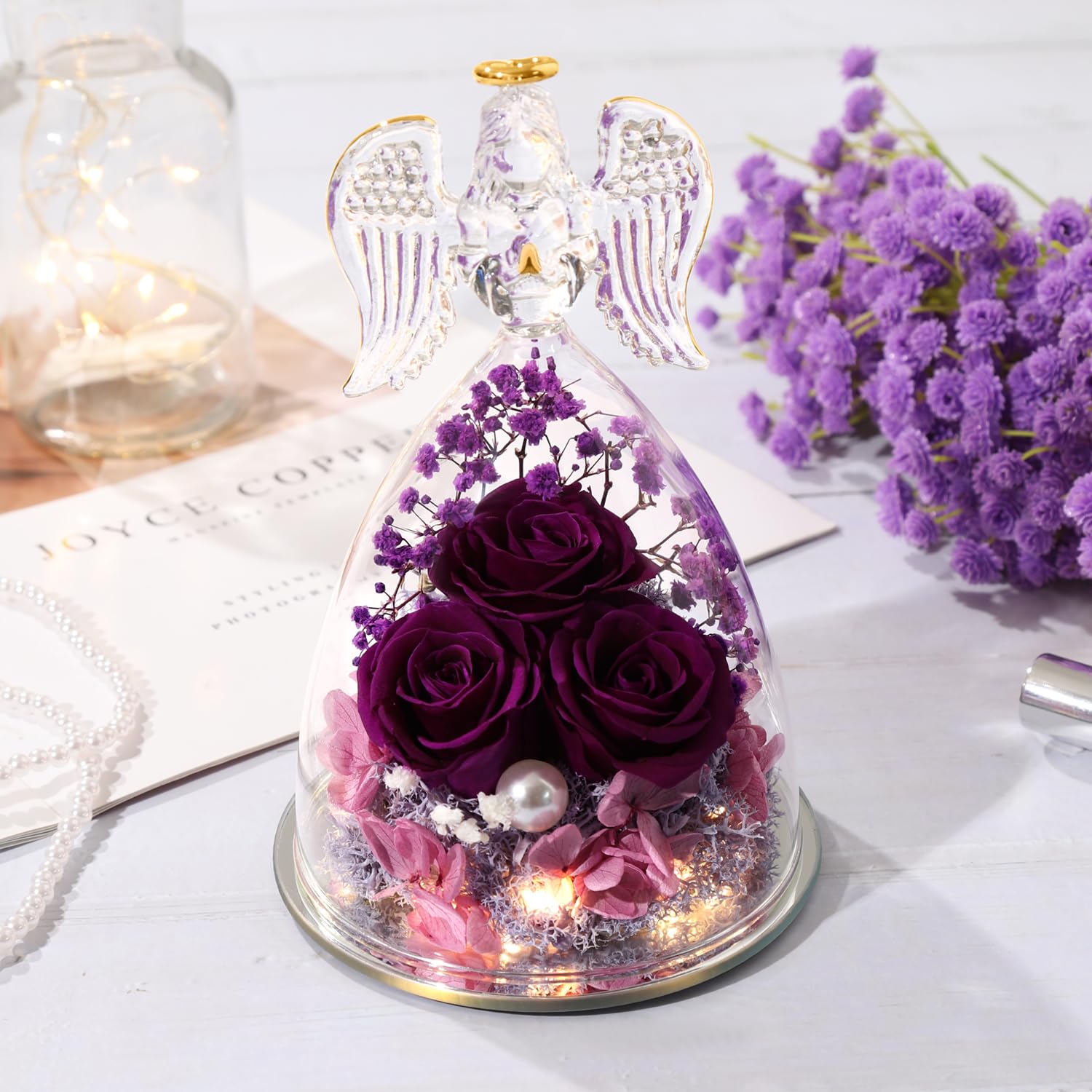 Valentine's Day Gifts for Her - Elegant Glass Angel Figurine with Rose Flower | Perfect Birthday, Mother's Day & Grandma Gifts for Women | Romantic Home Decor & Special Occasion Present