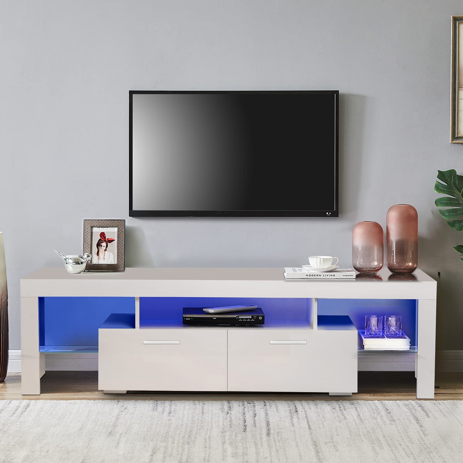 Kiztir 75 Inch TV Stand with White LED Lights - Modern Entertainment Center for Living Room, Bedroom & Office - Perfect for Movie Nights & Gaming Setup