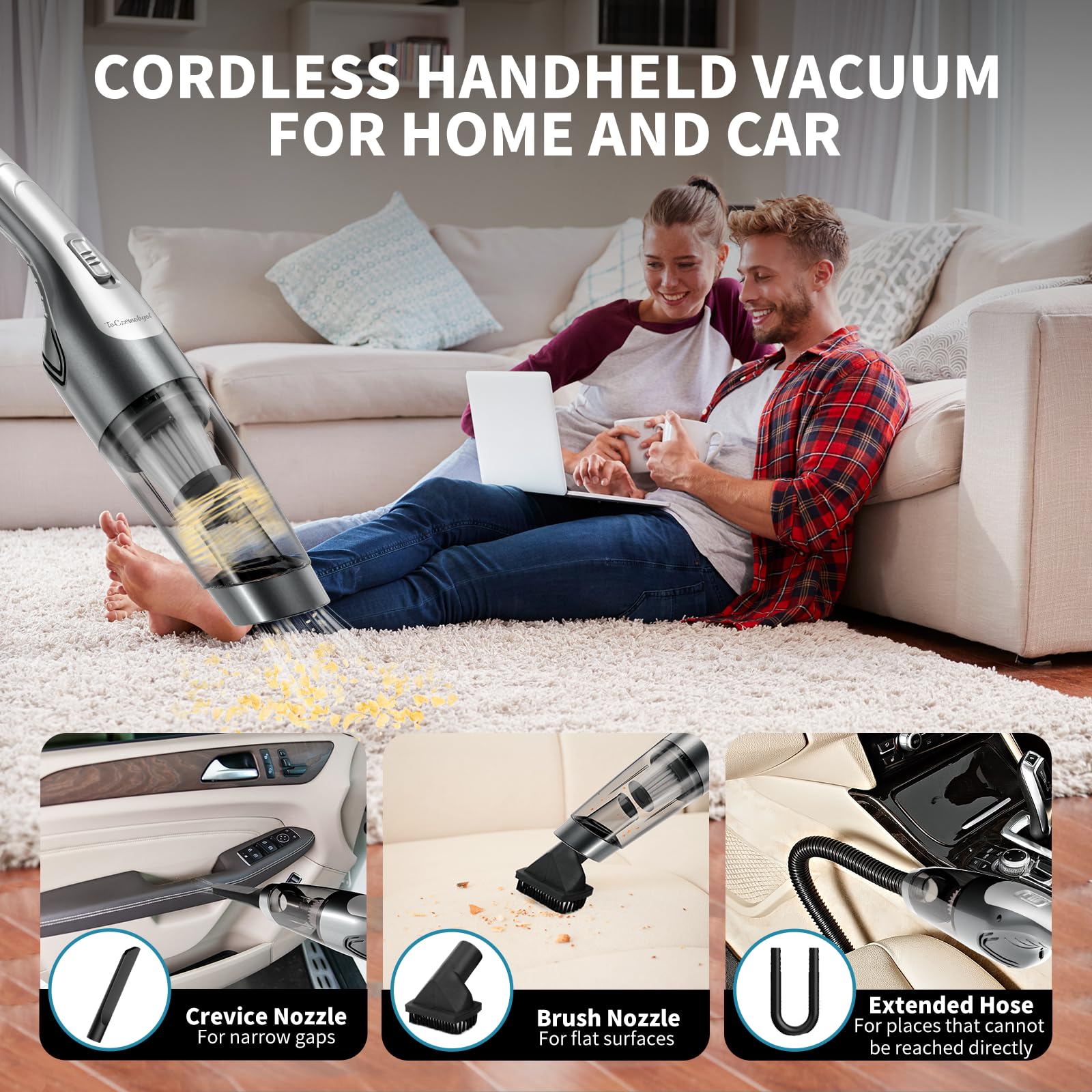 8000Pa Powerful Cordless Handheld Vacuum Cleaner - Portable Rechargeable Mini Vacuum for Car, Home, Office, Desk & Pet Hair with Multiple Accessories | Ideal for Quick Cleanups, Vehicle Detailing & Pet Hair Removal
