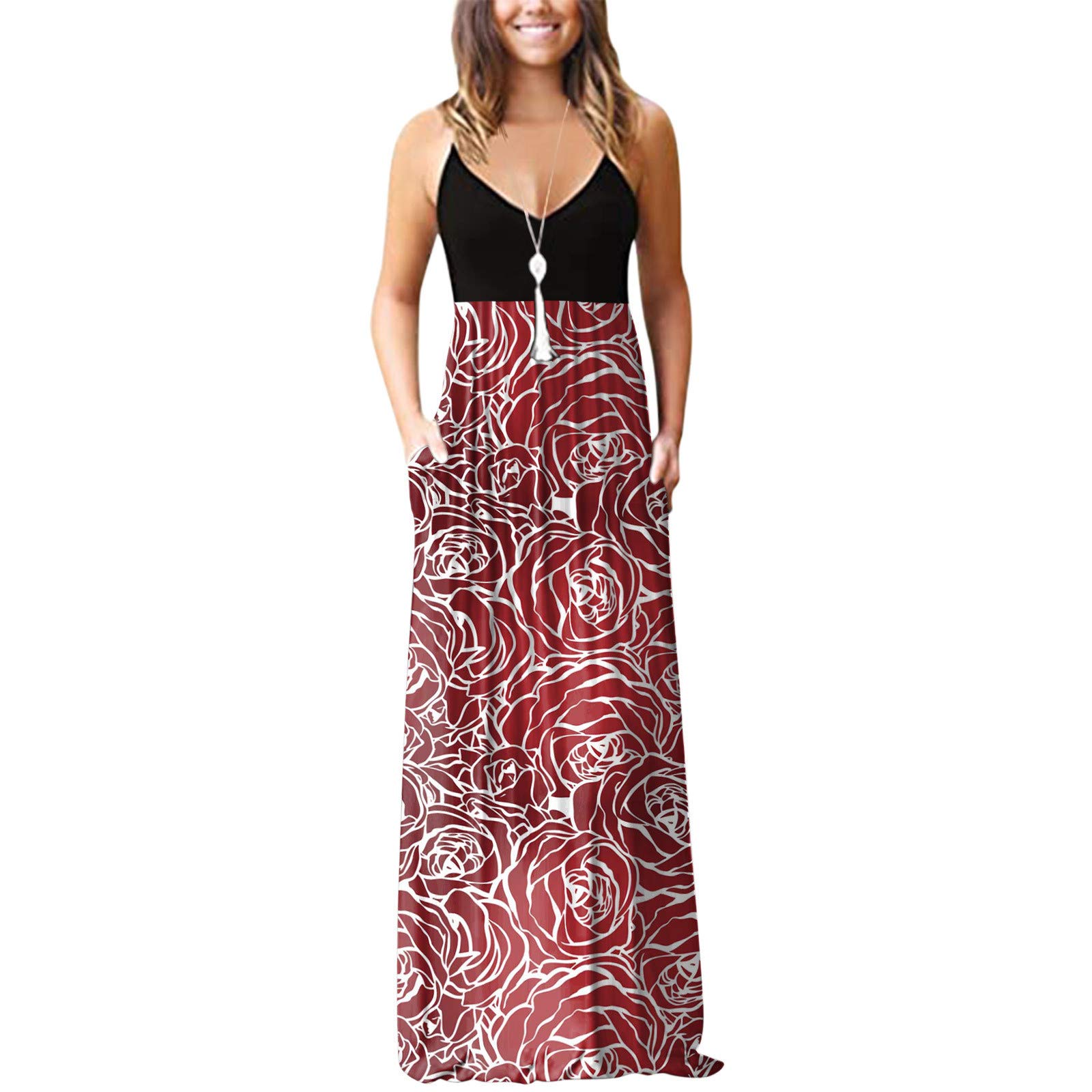 Kaideny Women's Summer Maxi Dress - V Neck Sleeveless Floral Print Long Dress with Pockets, Red | Beach Wedding, Vacation, Party, Casual Outfit