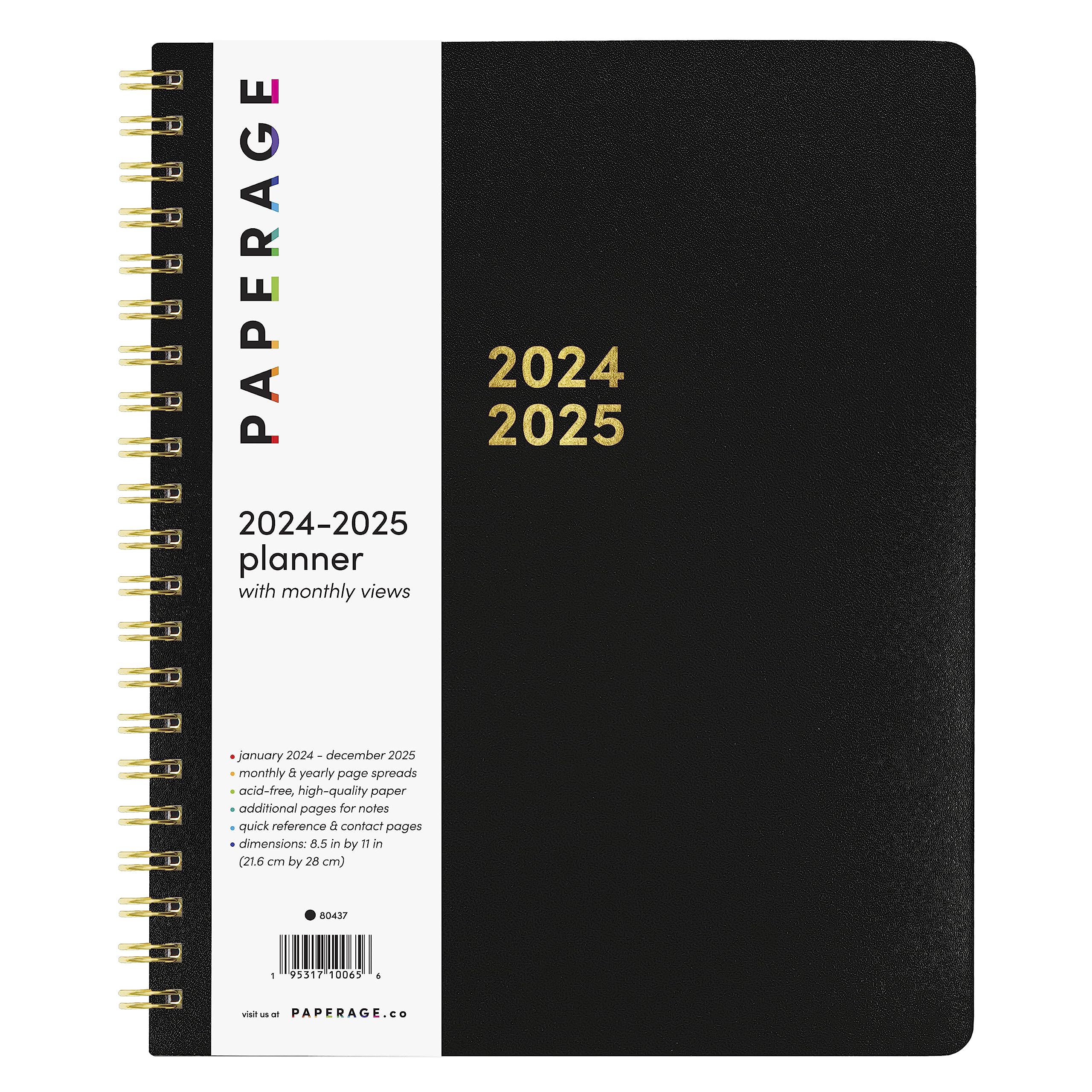 PAPERAGE 2 Year Spiral Bound Planner 2024-2025 (Black) - 24 Month Academic Planner from January 2024 to December 2025 - 8.5