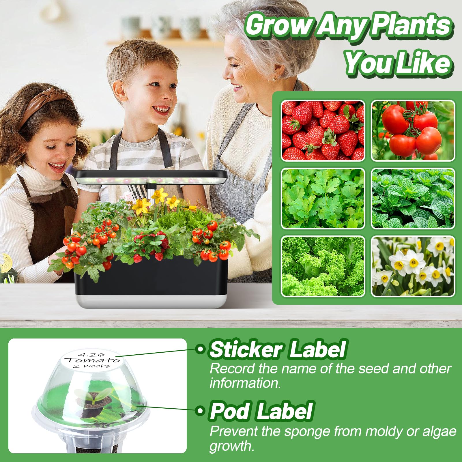 Hydroponic Pods Kit for Aerogarden - 100pcs Growing Sponge, Plant Basket, Seed Starter Kit with Pod Labels & Plant Food | Compatible with Indoor Hydroponic Systems | Perfect for Home Gardening, Herb Growing & Indoor Farming