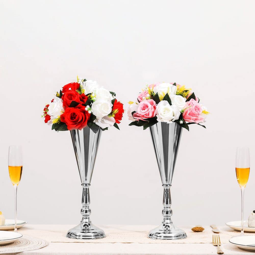 Elegant Metal Wedding Flower Trumpet Vase - Gold & Silver Tabletop Candlestick Holder for Wedding Decor, Centerpiece, and Home Decoration (10-Pack, Silver) - Perfect for Wedding Aisle, Reception Tables, and Romantic Home Decor