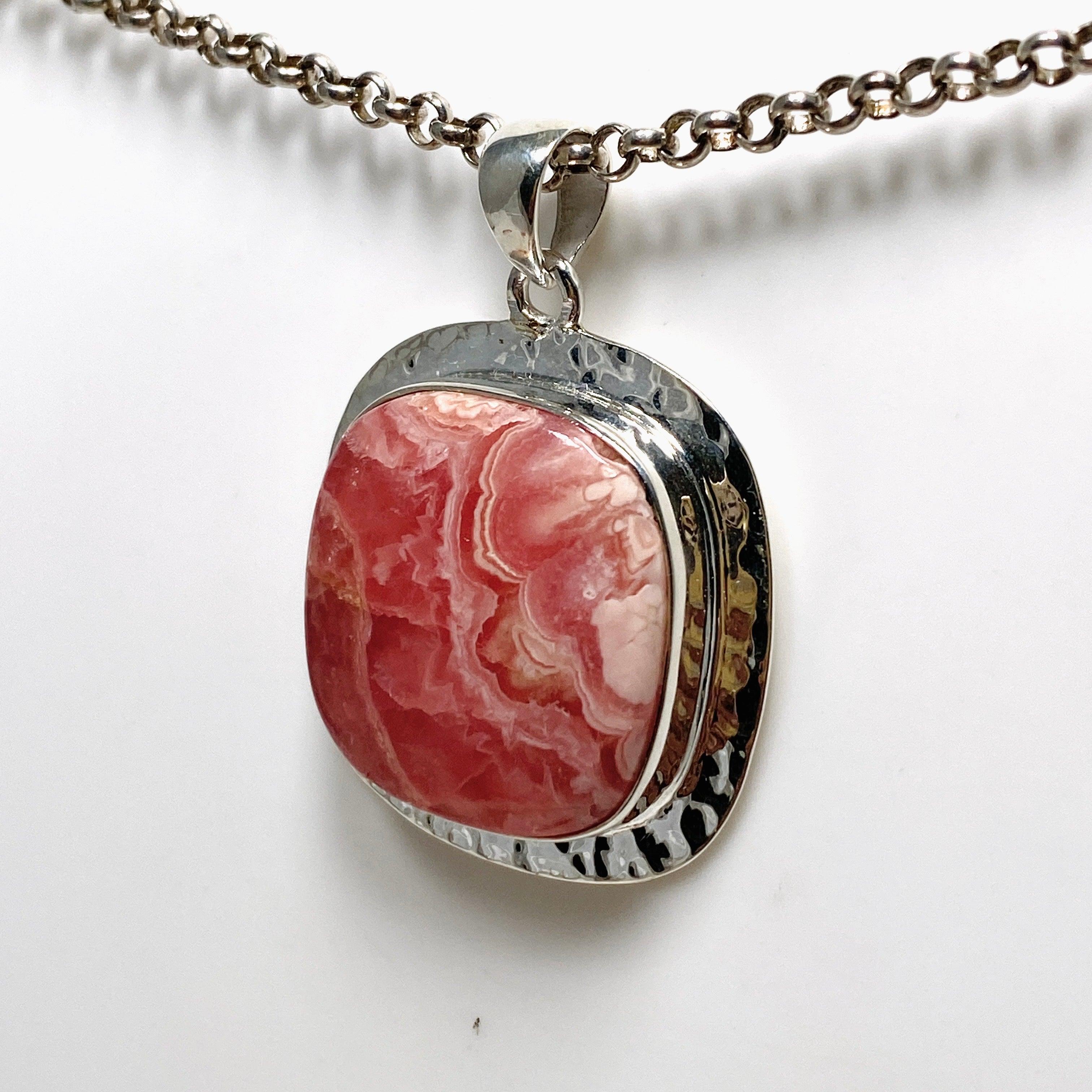 Rhodochrosite Square Pendant Necklace - Handcrafted Hammered Sterling Silver Jewelry KPGJ4323 | Perfect for Gift Giving, Date Nights & Special Occasions